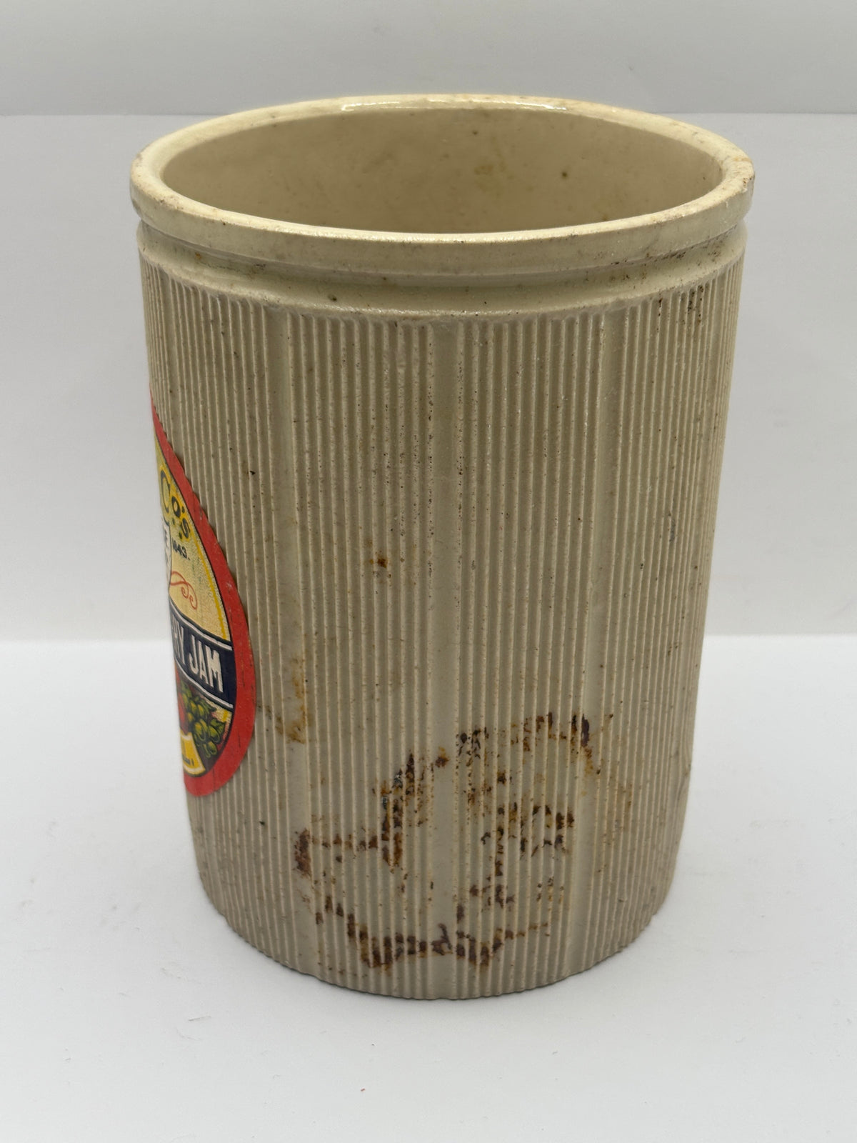 Old 2lb ribbed stoneware jam pot with added label