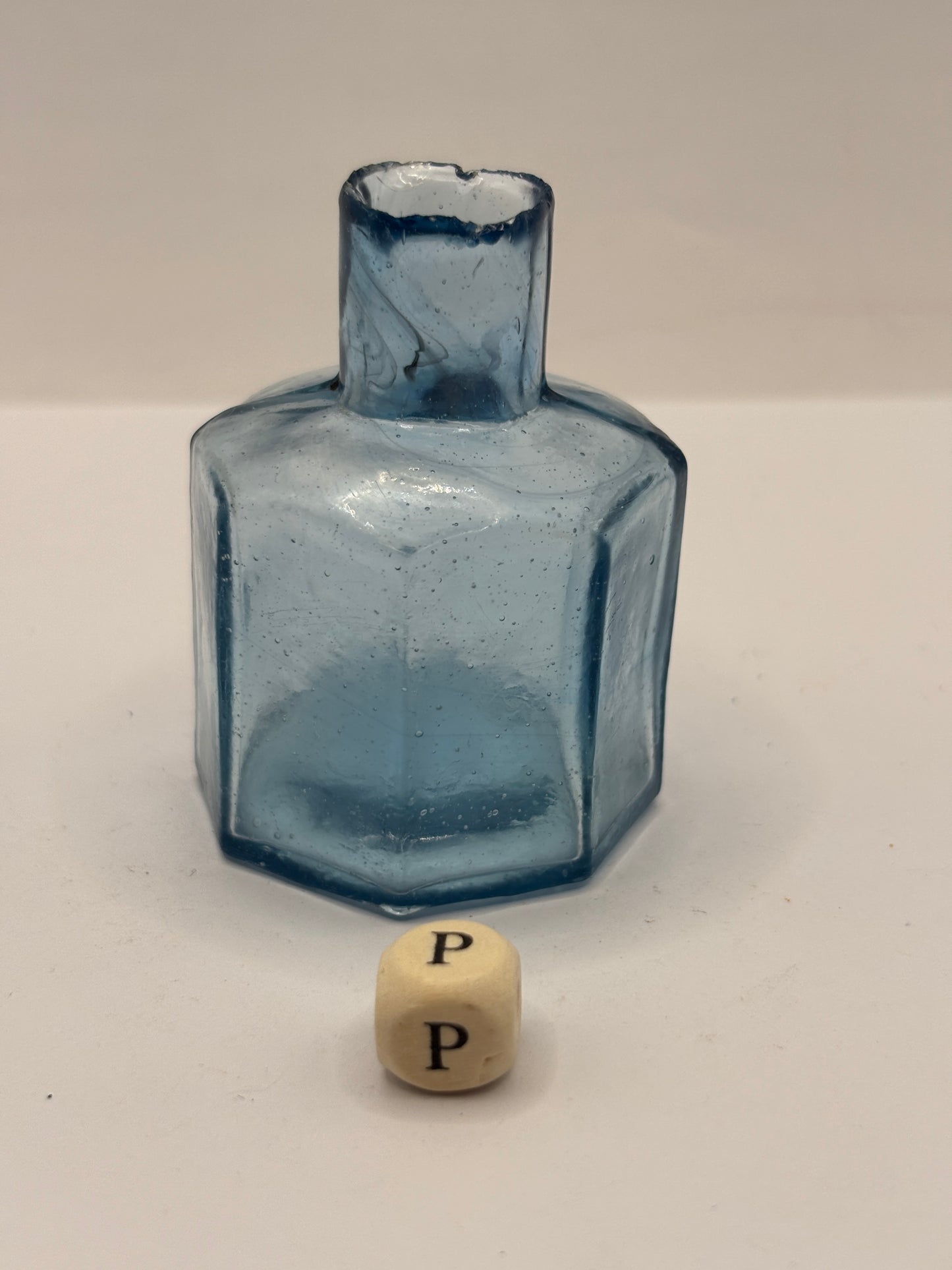 Old blue glass ink bottle, inkwell, penny ink (wp) swirls in lip