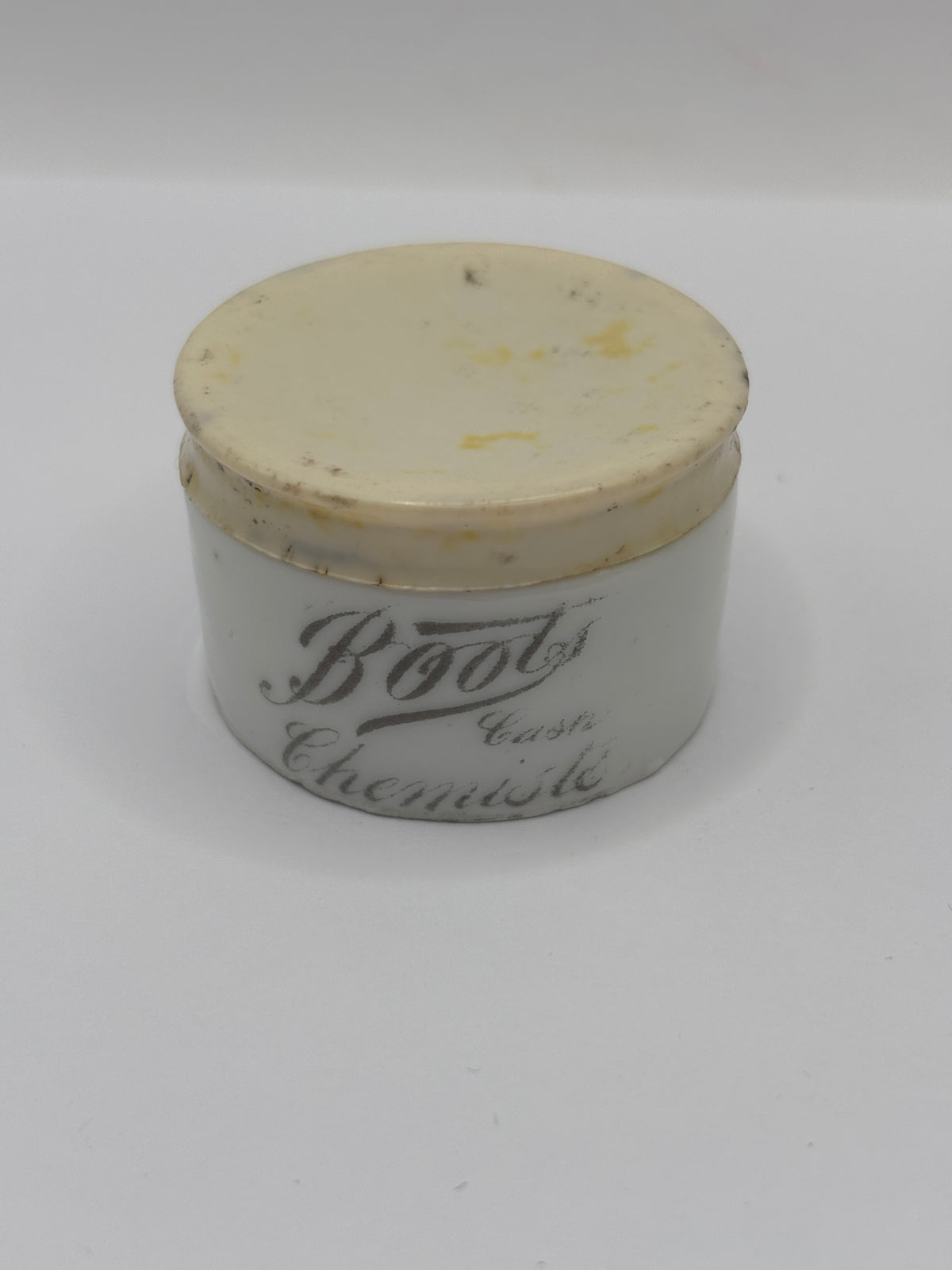 Old mini Boots cash chemists advertising jar with bakelite lid