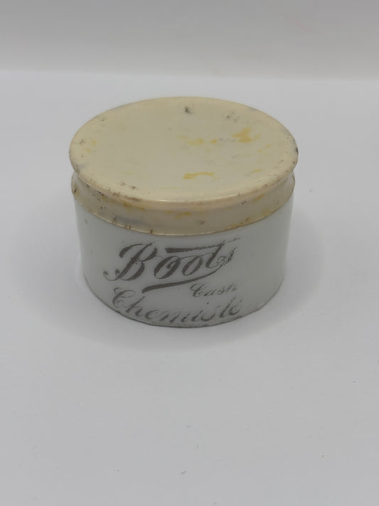 Old mini Boots cash chemists advertising jar with bakelite lid