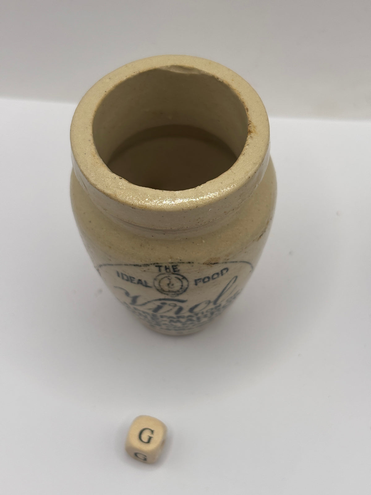 Old advertising stoneware Virol pot, 7.5cm (G)