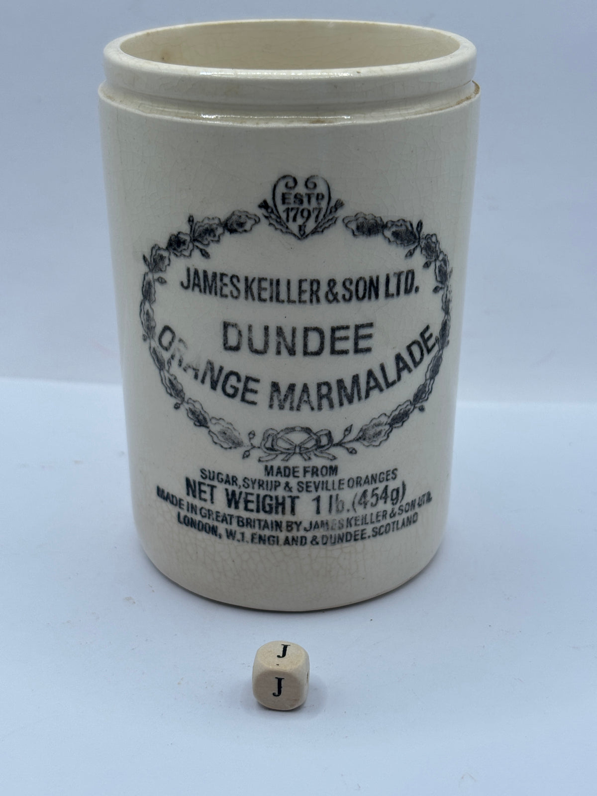 Old 1lb stoneware marmalade pot, James Keiller Dundee marmalade (J)