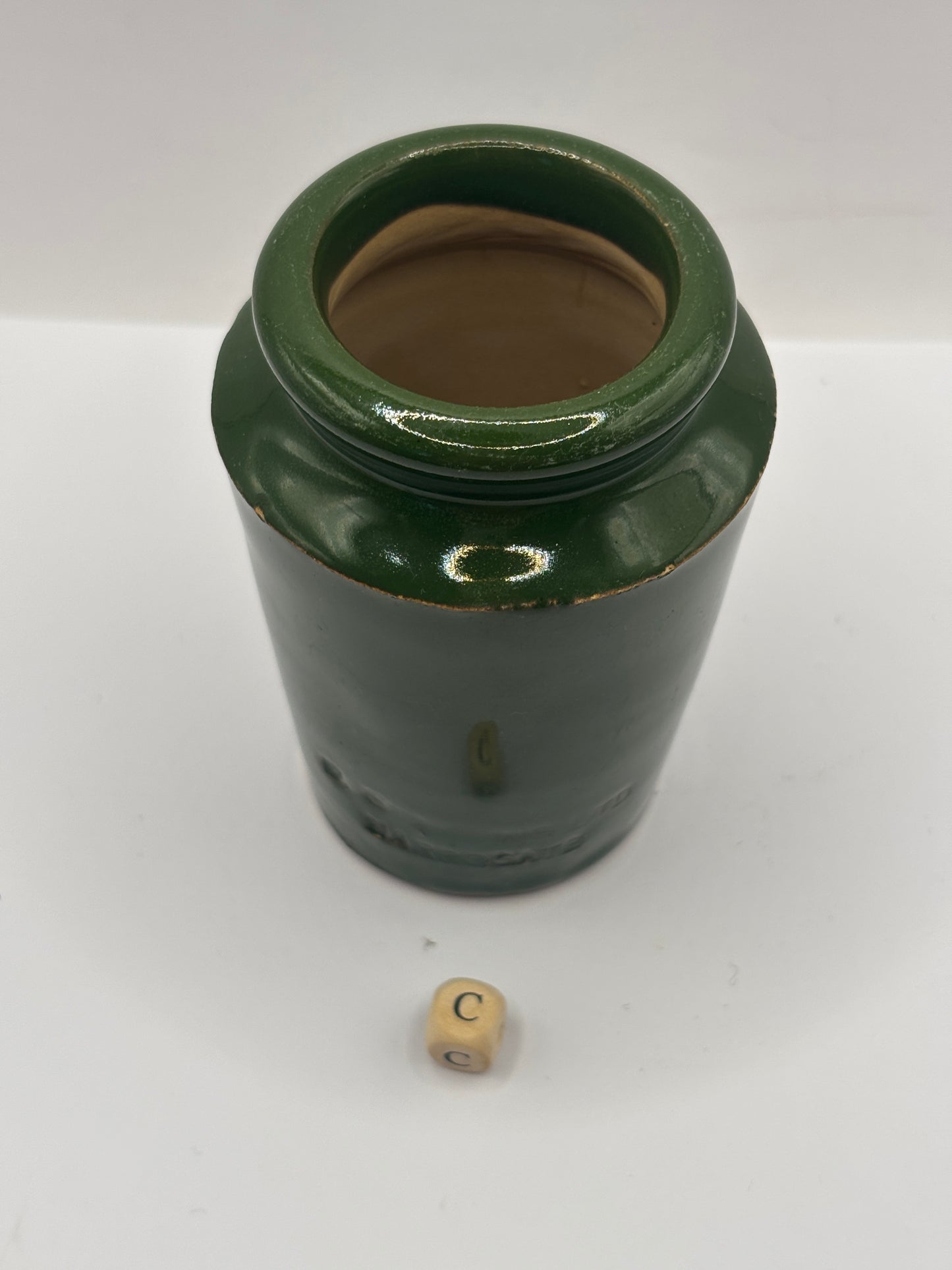 Old green stoneware Harrogate cream pot 9.5cms (c)
