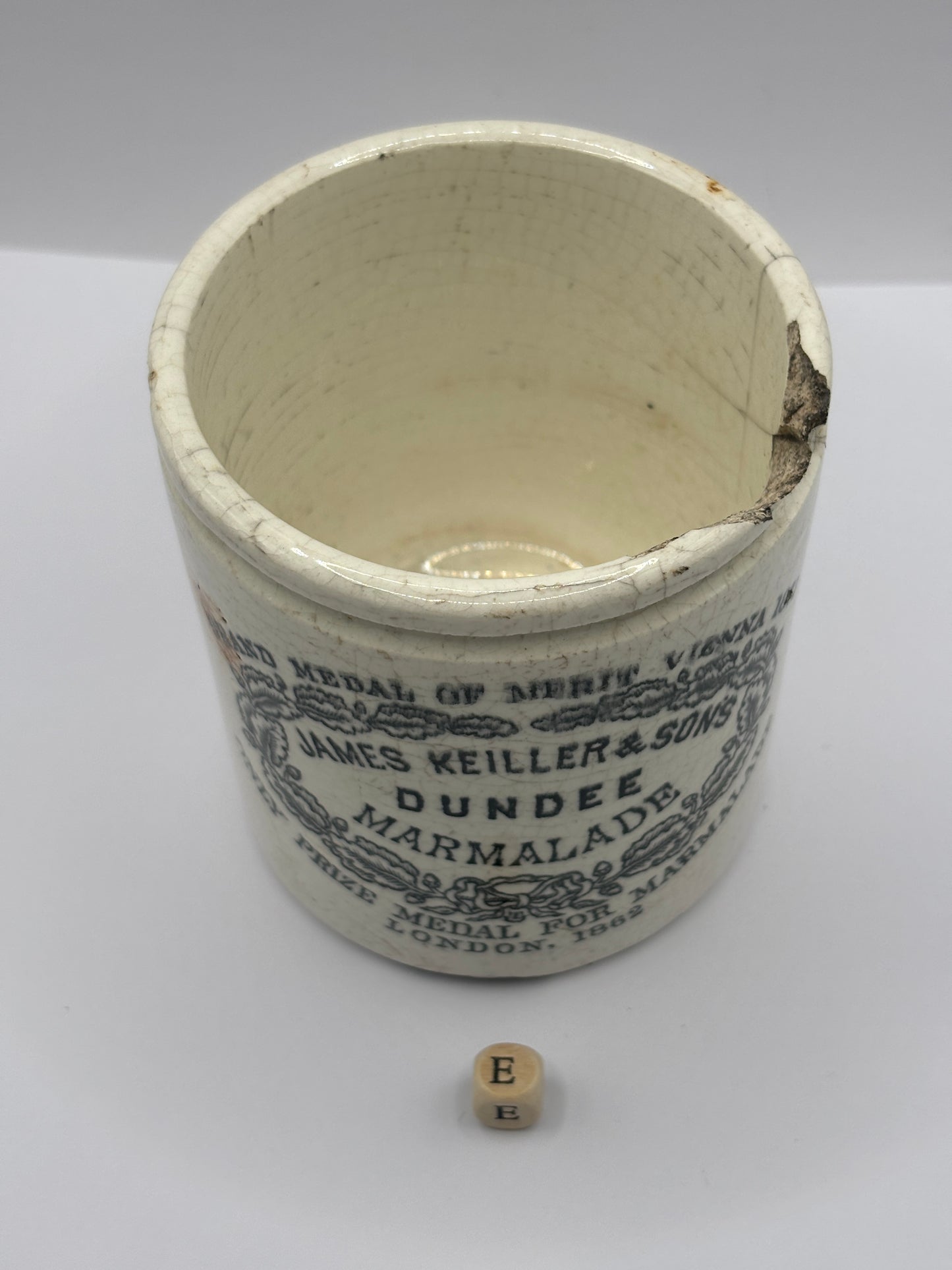 Old 1lb James Keiller Dundee marmalade Jar (E) damaged