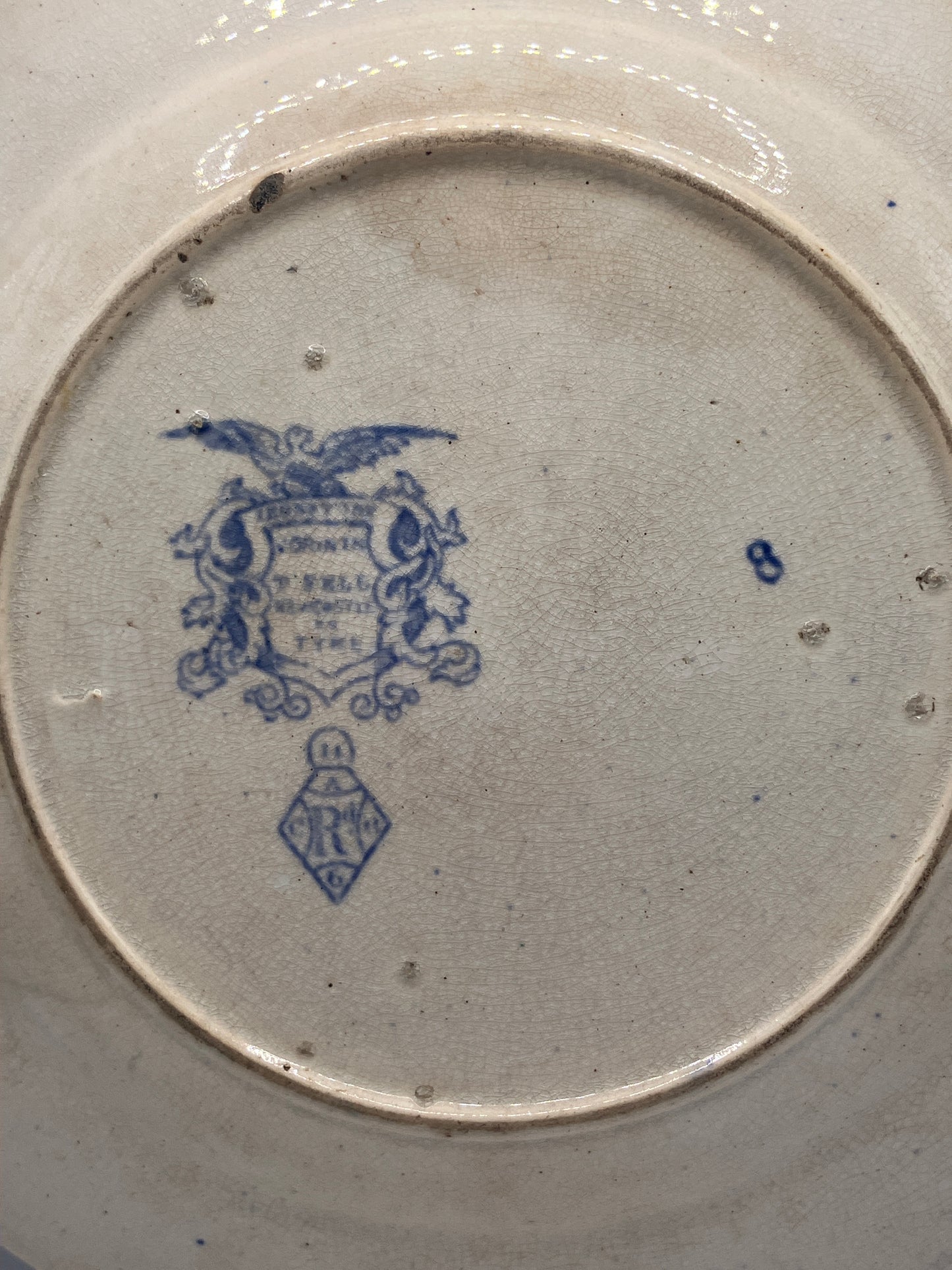 2 old blue and white plates, mid 1800s with diamond registration, stained & crazed