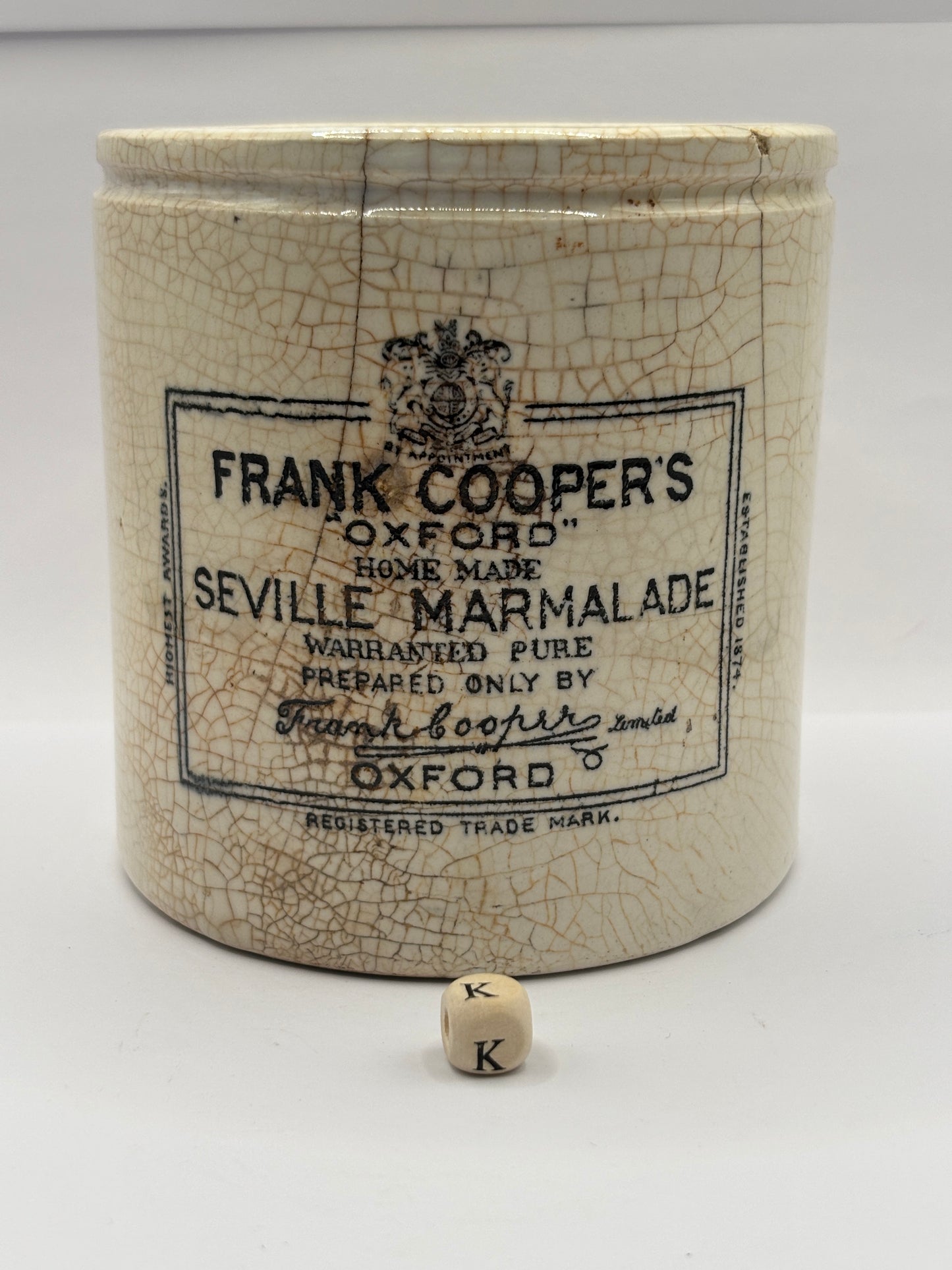 Old 2lb Frank Cooper marmalade jar. Damaged