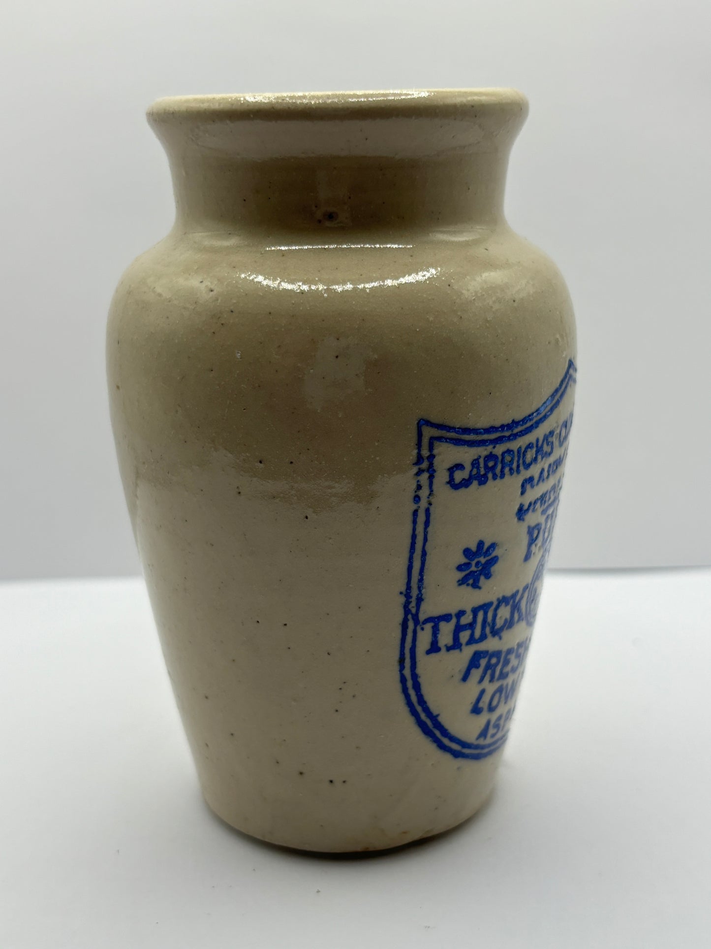 Carricks advertising cream pot, pure thick cream. Blue print