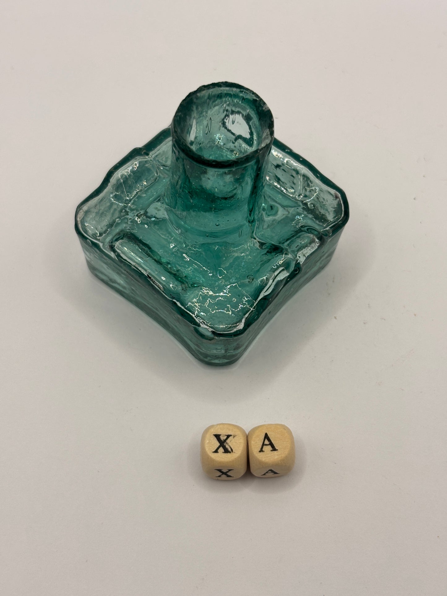 Old dark aqua glass inkwell, ink bottle. Penny ink (xa)