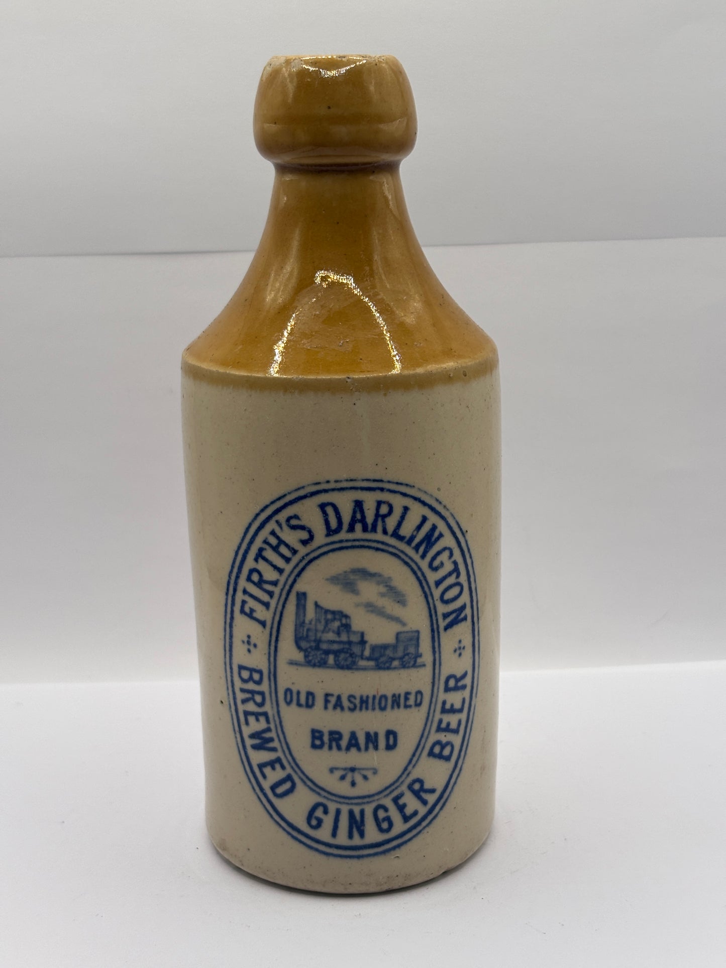 Old blue print stoneware ginger beer bottle, Firth’s Darlington brewed ginger beer