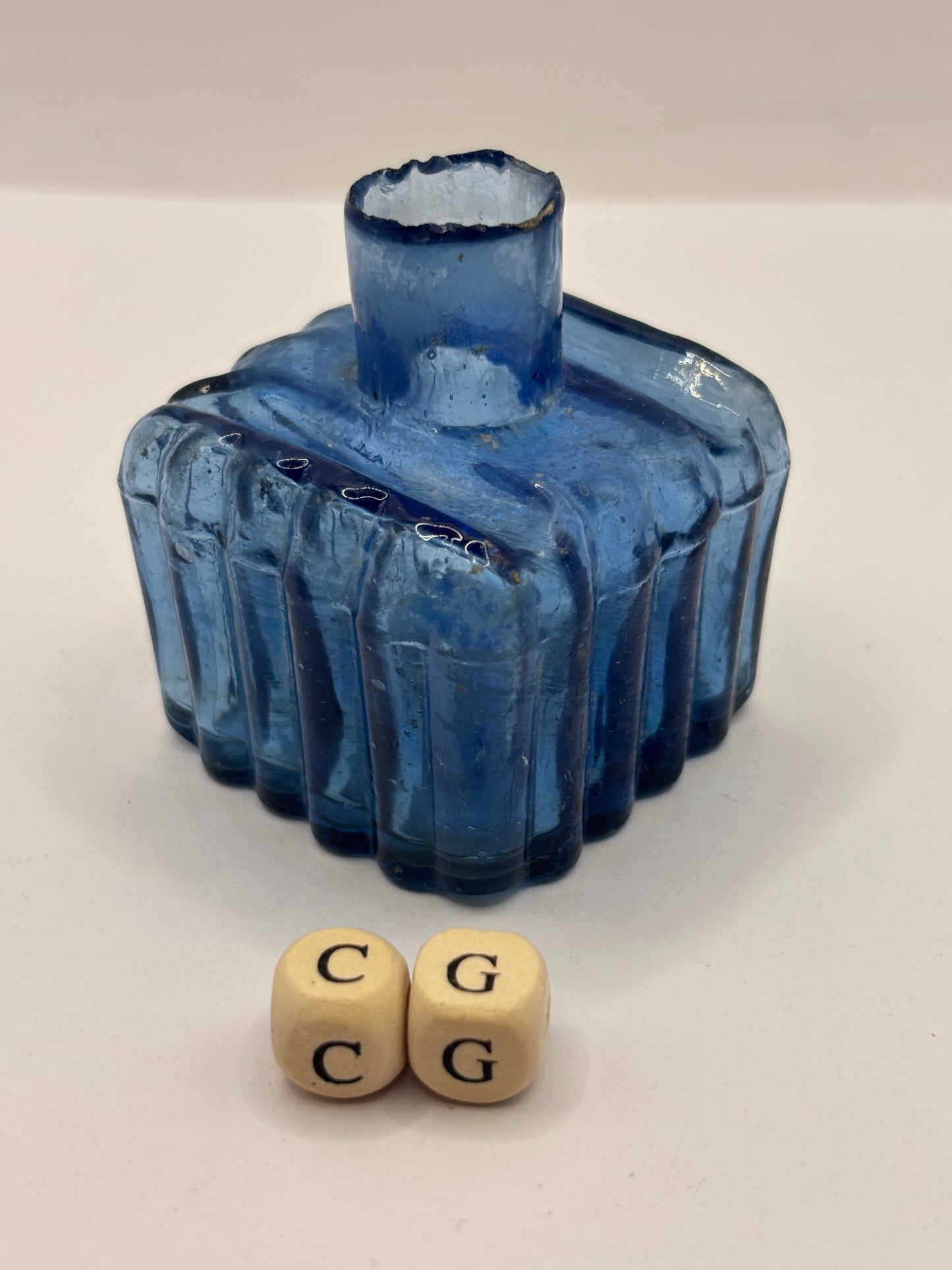 Old blue glass ink bottle, inkwell, penny ink (CG)