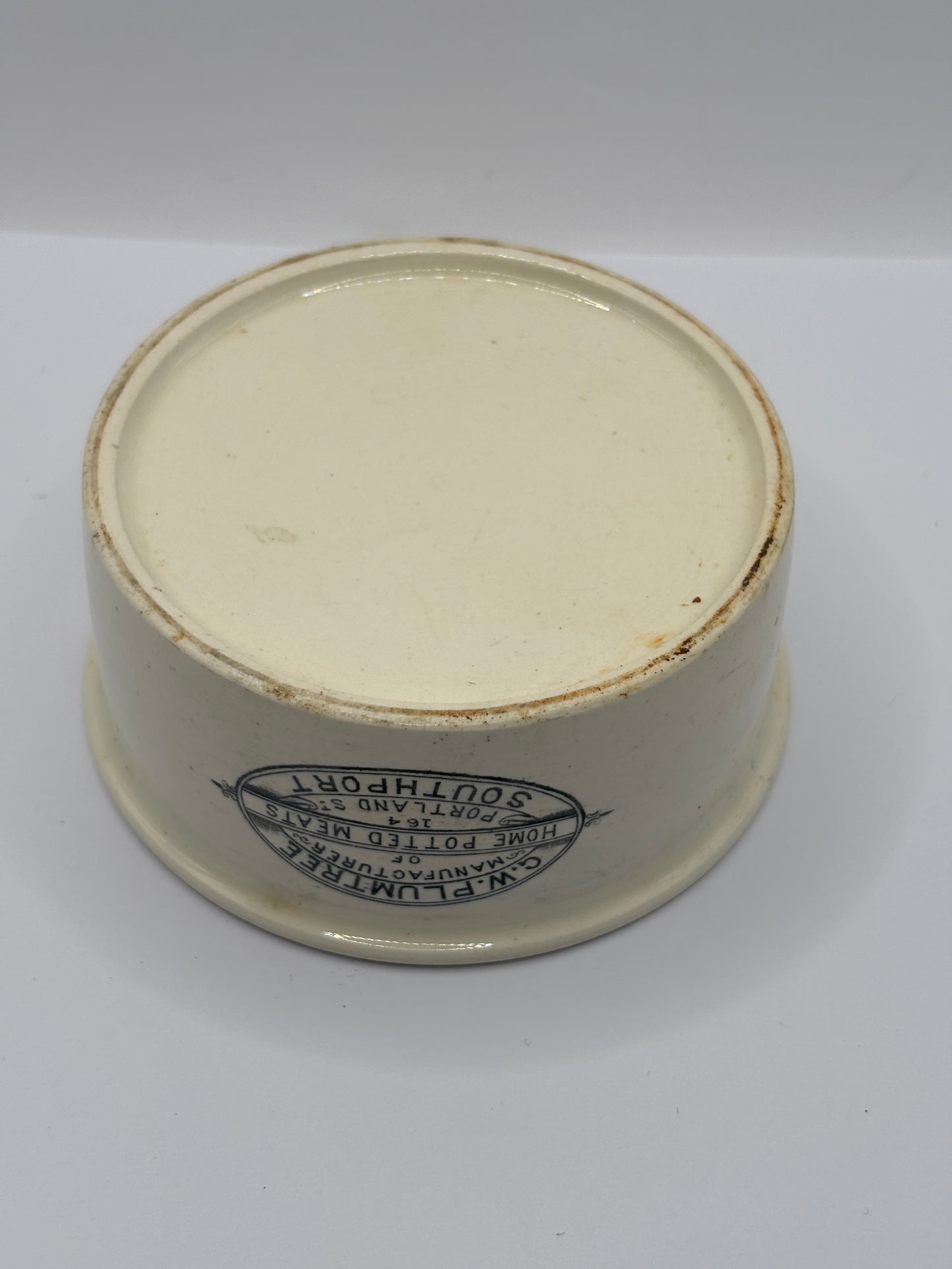 Old XL advertising meat paste pot, Plumtrees