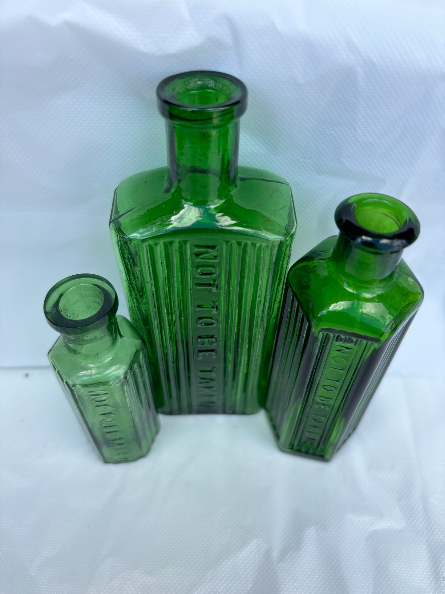 3 green ribbed poison bottles, Not to be taken. Halloween decor