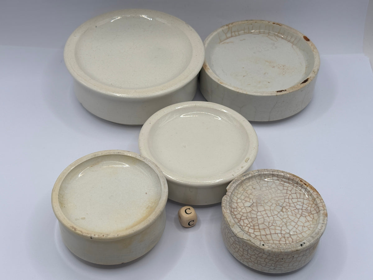 5 old stoneware pot lid bases, stackers (c)