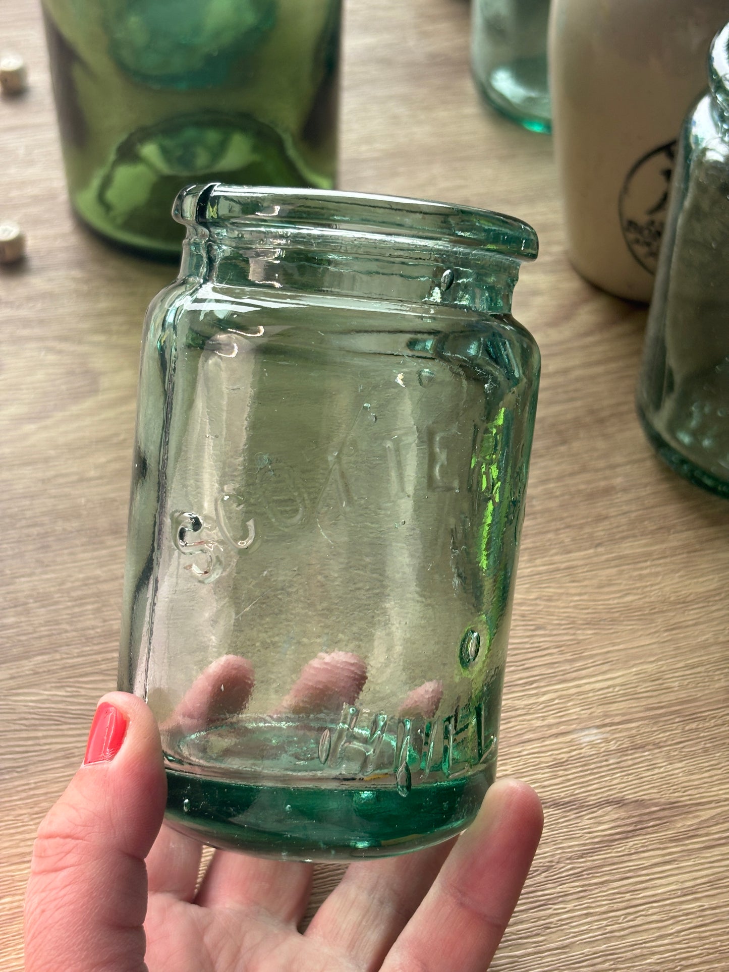 Old 1lb aqua glass advertising pickle jar (a) Scotter & son Hull