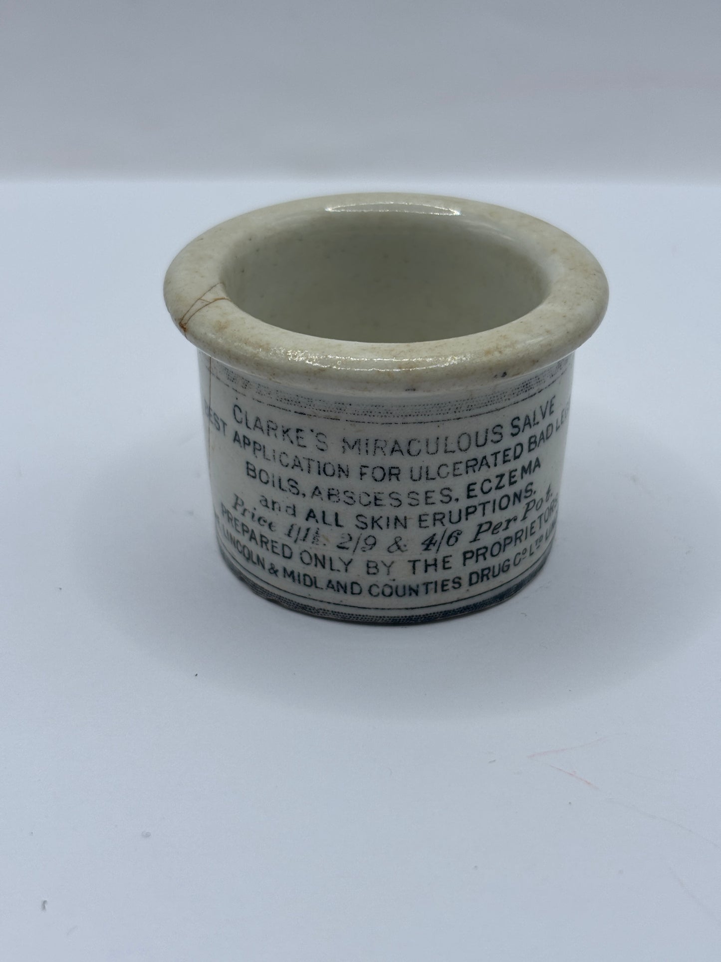 Old advertising ointment pot, clarkes miraculous salve ointment. Damaged