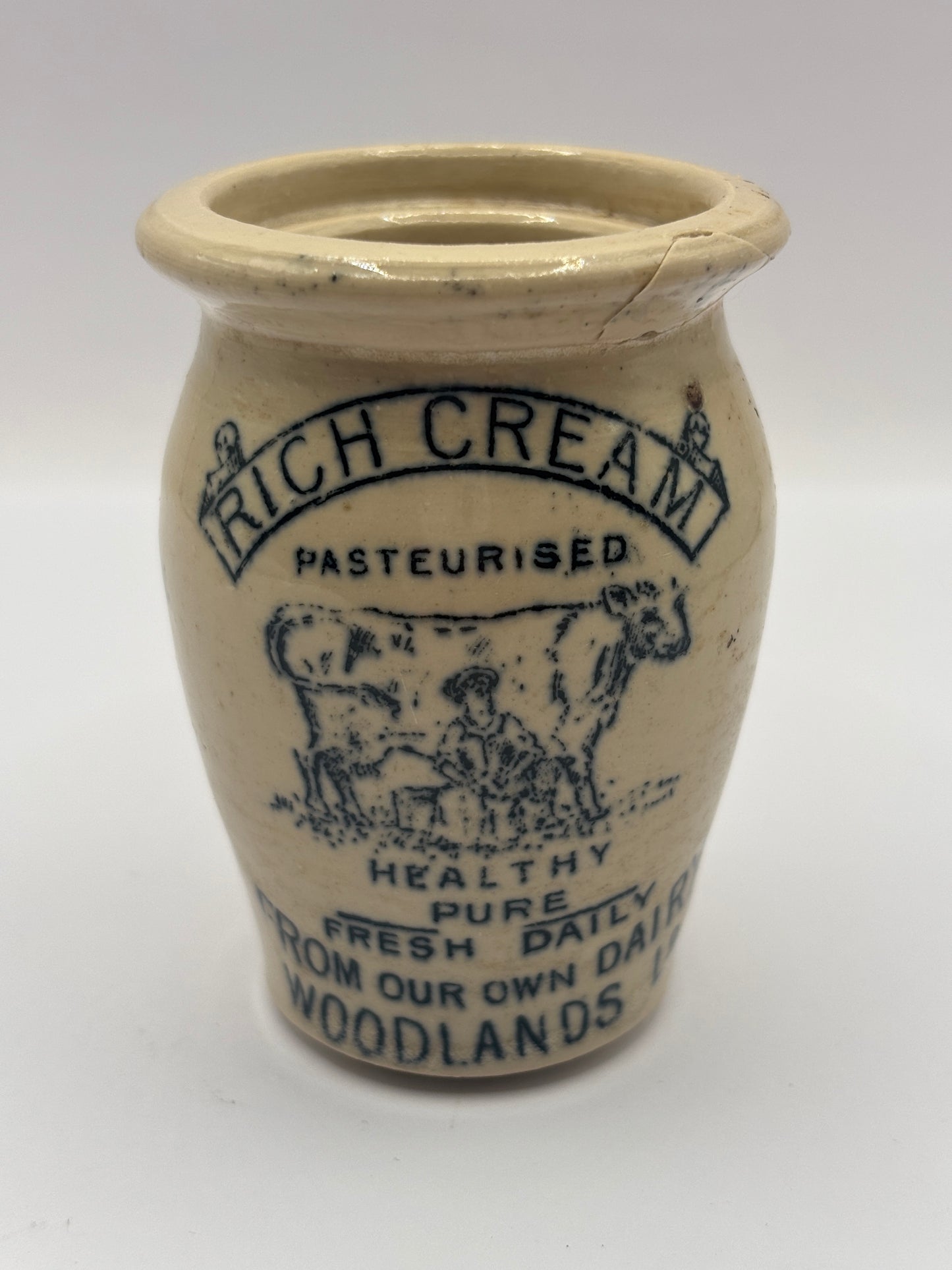 Old advertising cream pot, Woodlands rich cream, healthy pure fresh