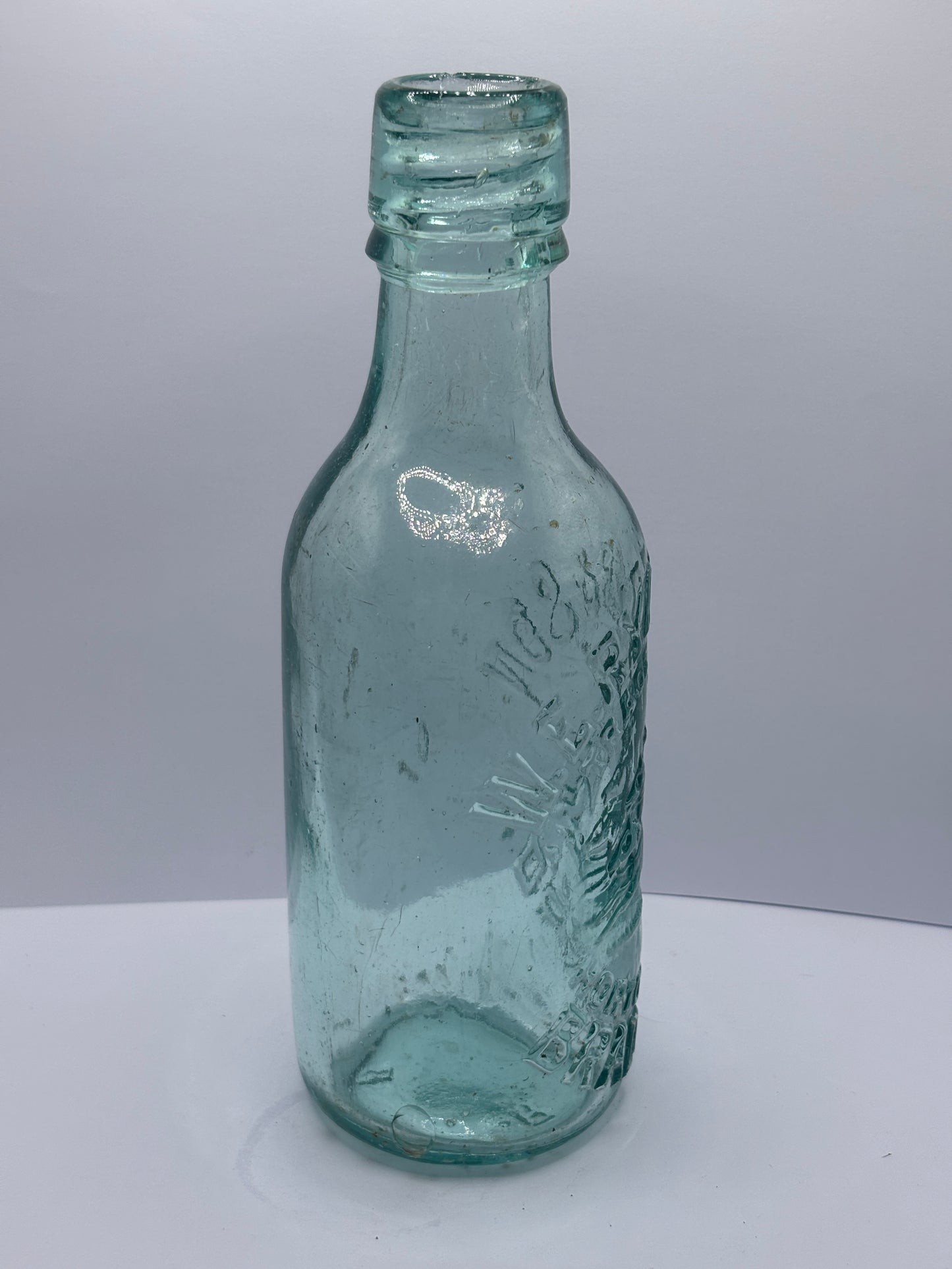 Old aqua glass Bradford beer bottle, Ryder & son