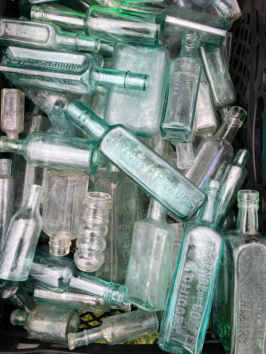 20 mixed aqua glass bottles