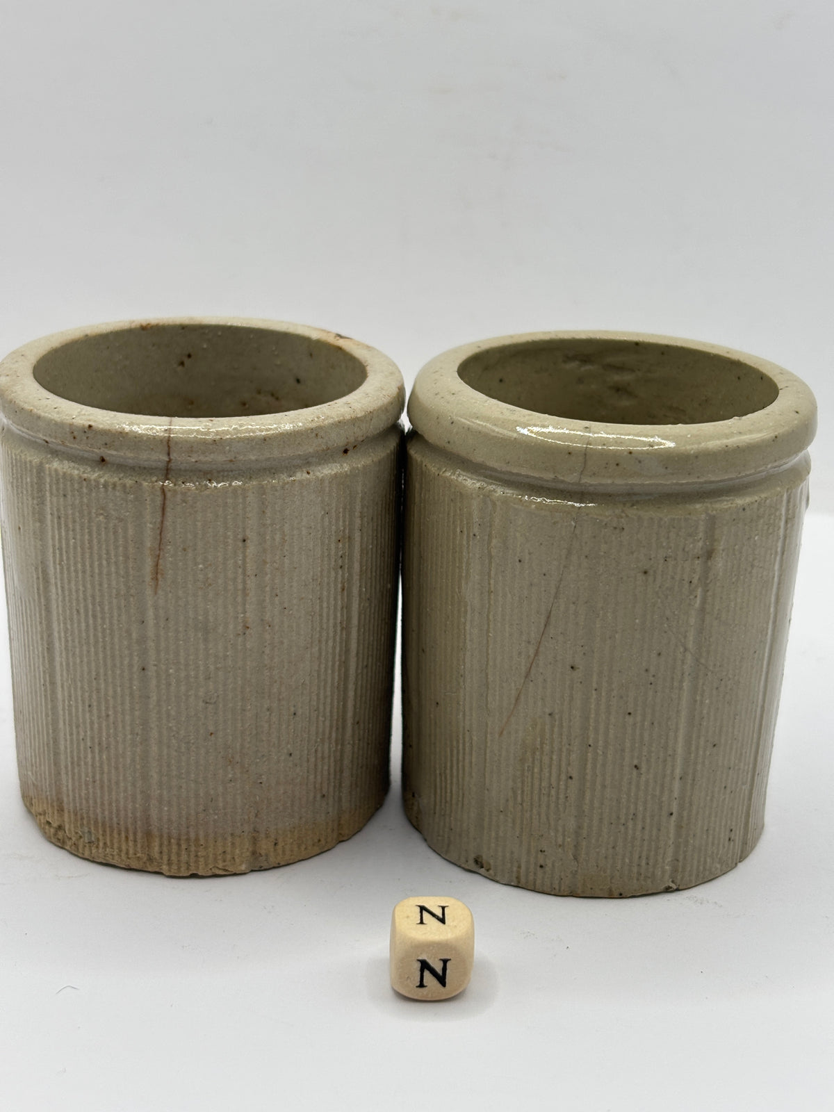 2 Old small ribbed stoneware jam pots (N) hairlined
