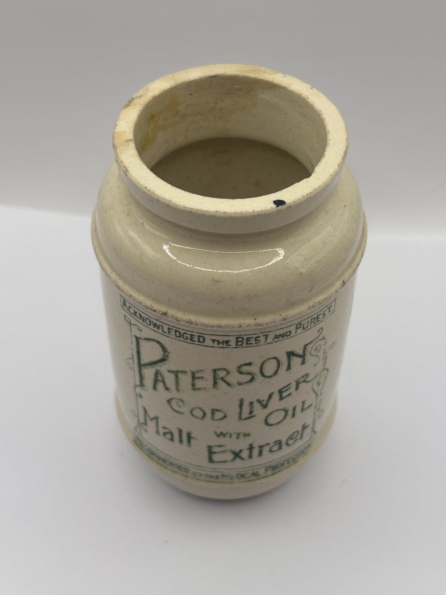 Old advertising jar, Paterson cod liver oil with malt extract jar. Repaired/damaged