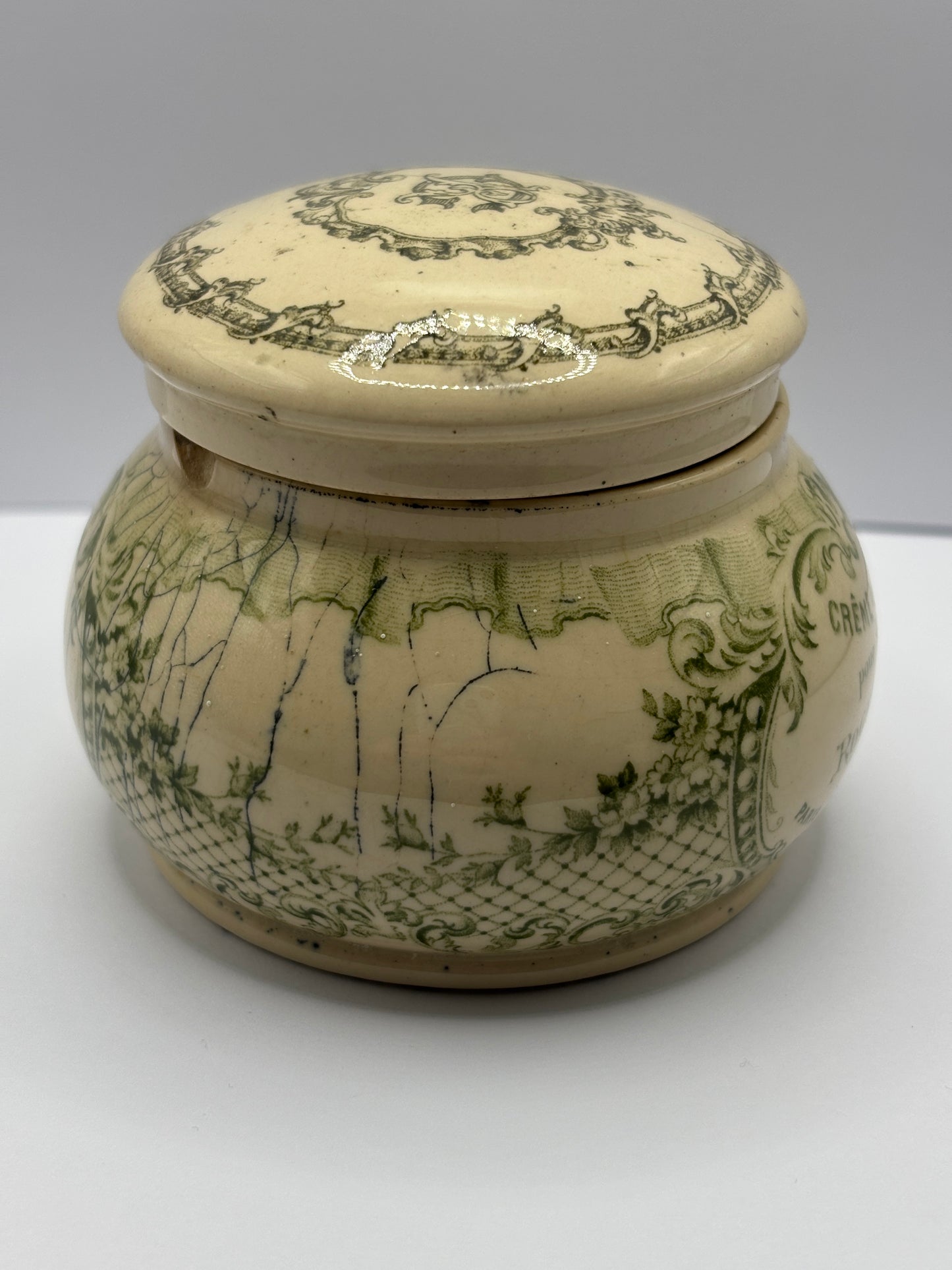 Old creme de savon advertising jar, Paris France. damages