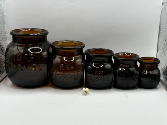 5 old amber glass marmite jars (a)