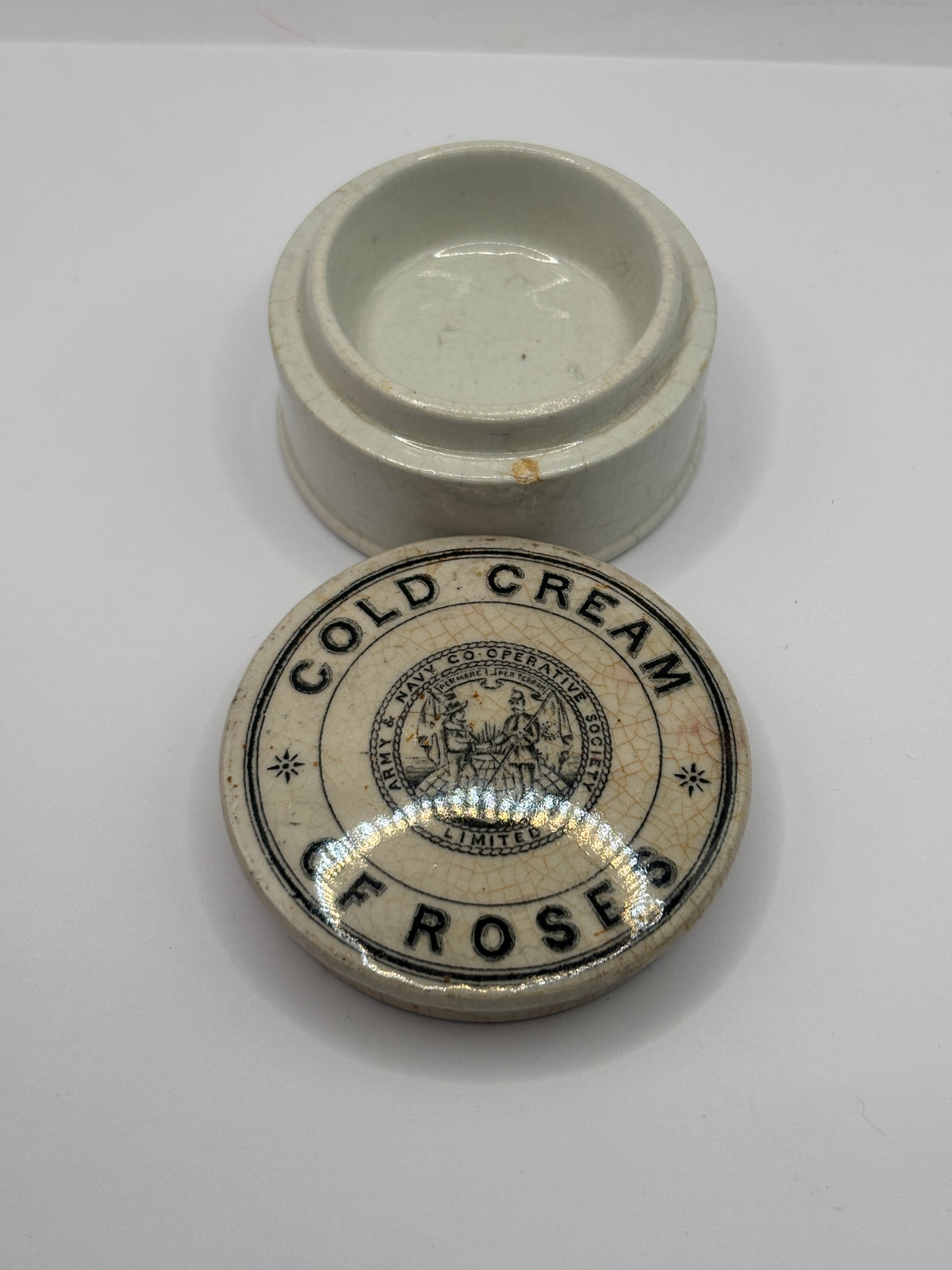 Old advertising lid and base. Cold cream of roses army & navy
