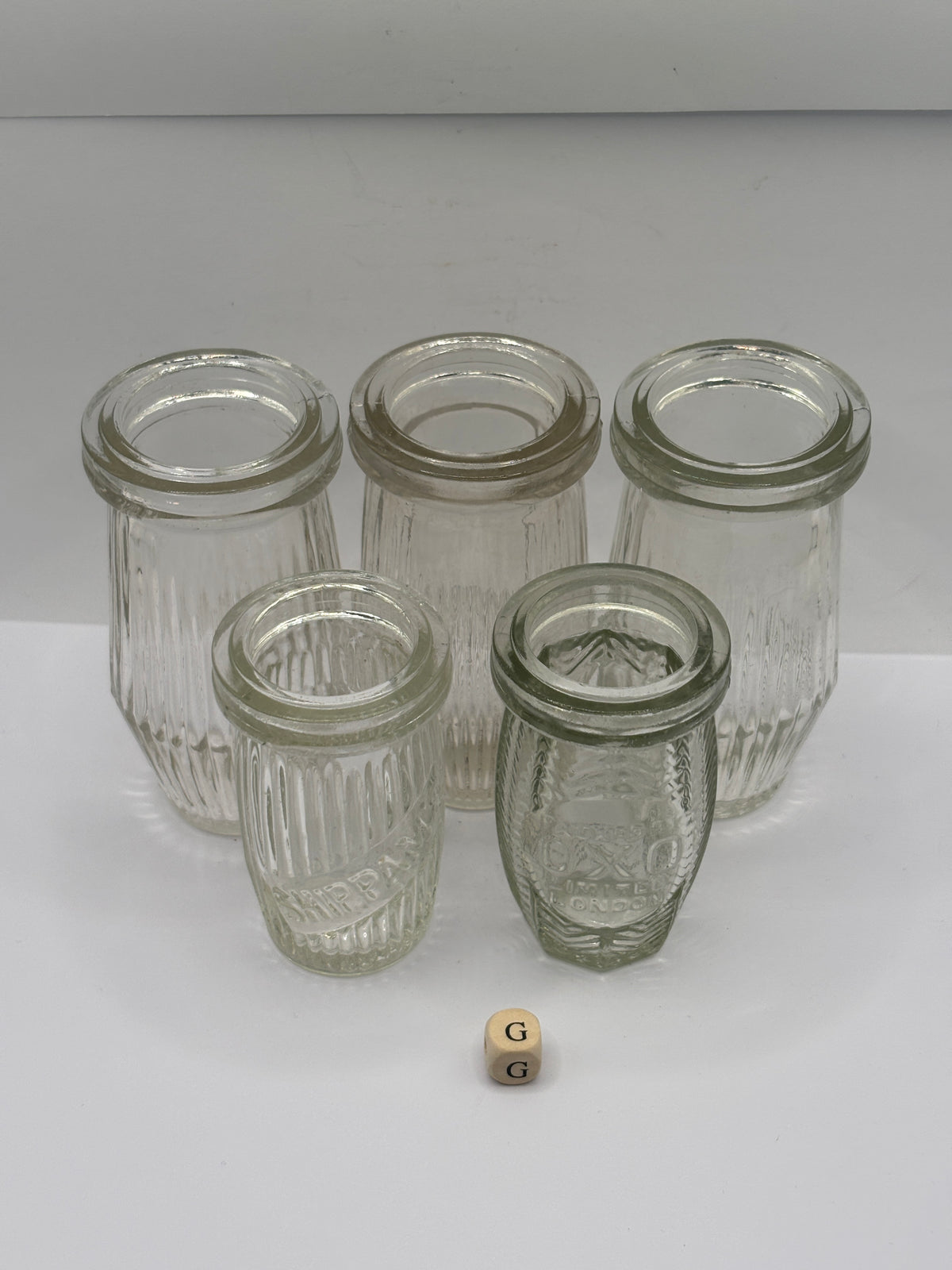 5 old clear glass meat paste jars (G)