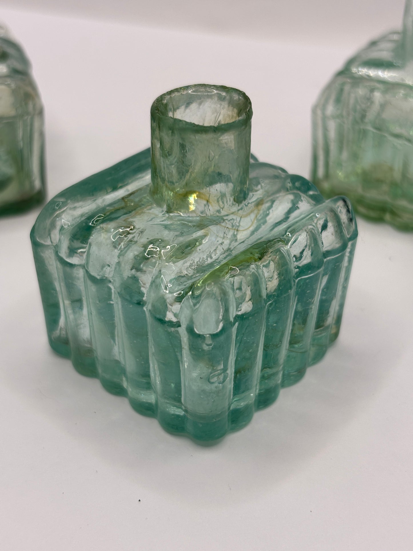 5 old aqua glass inks swirly inks, inkwells, ink bottles, penny ink.