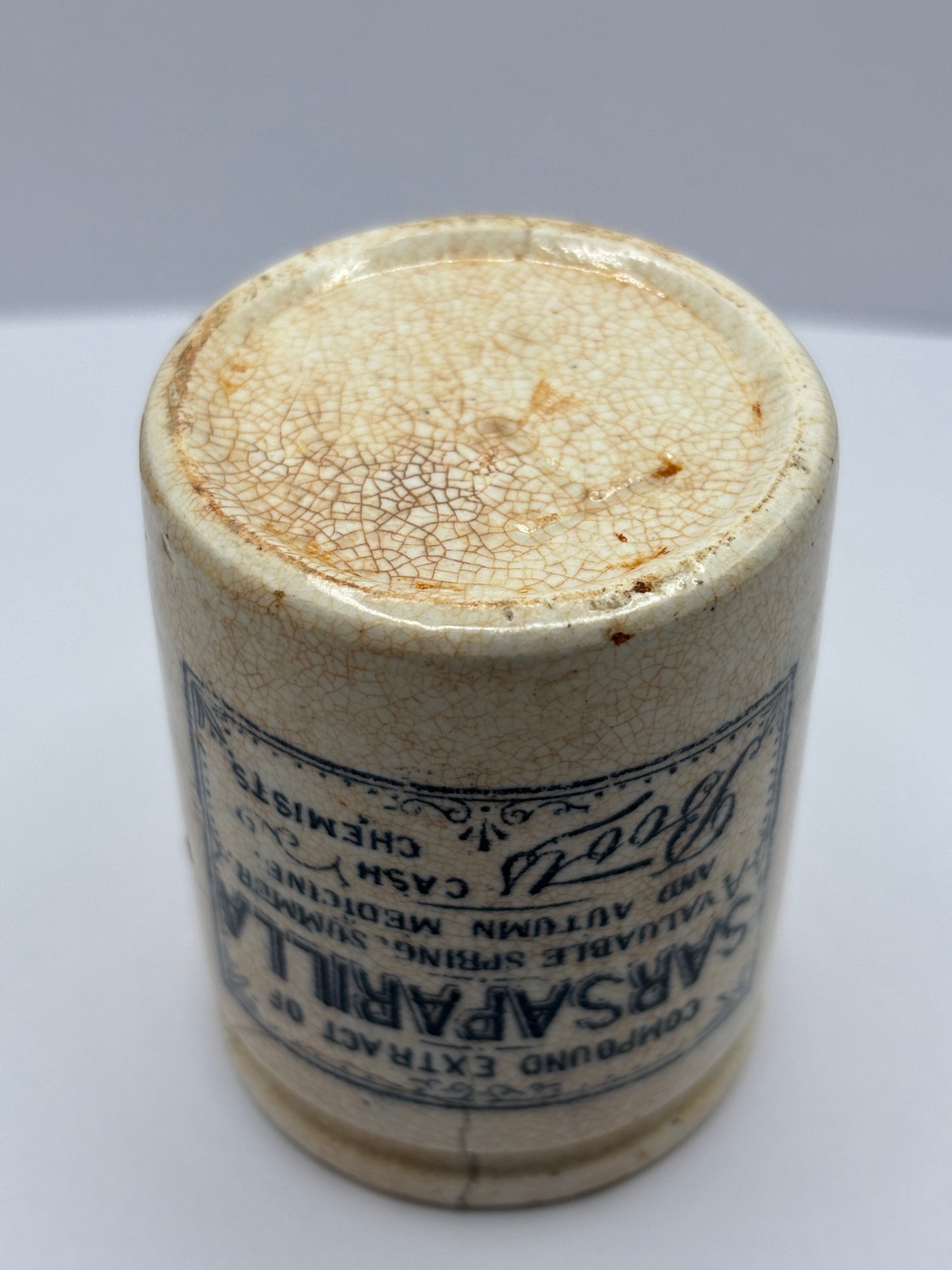 Old stained & crazed advertising Boots sarsaparilla jar