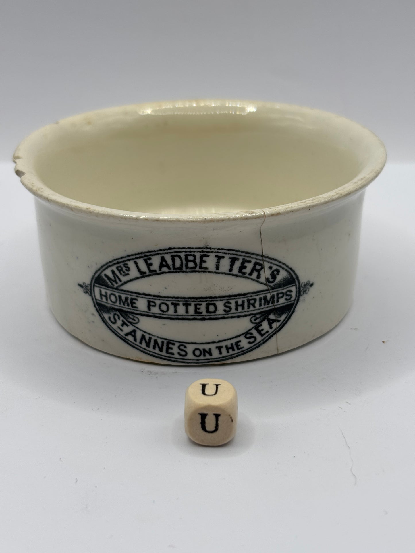 Old advertising shrimp paste pot. Mrs leadbetters home potted shrimps (U)