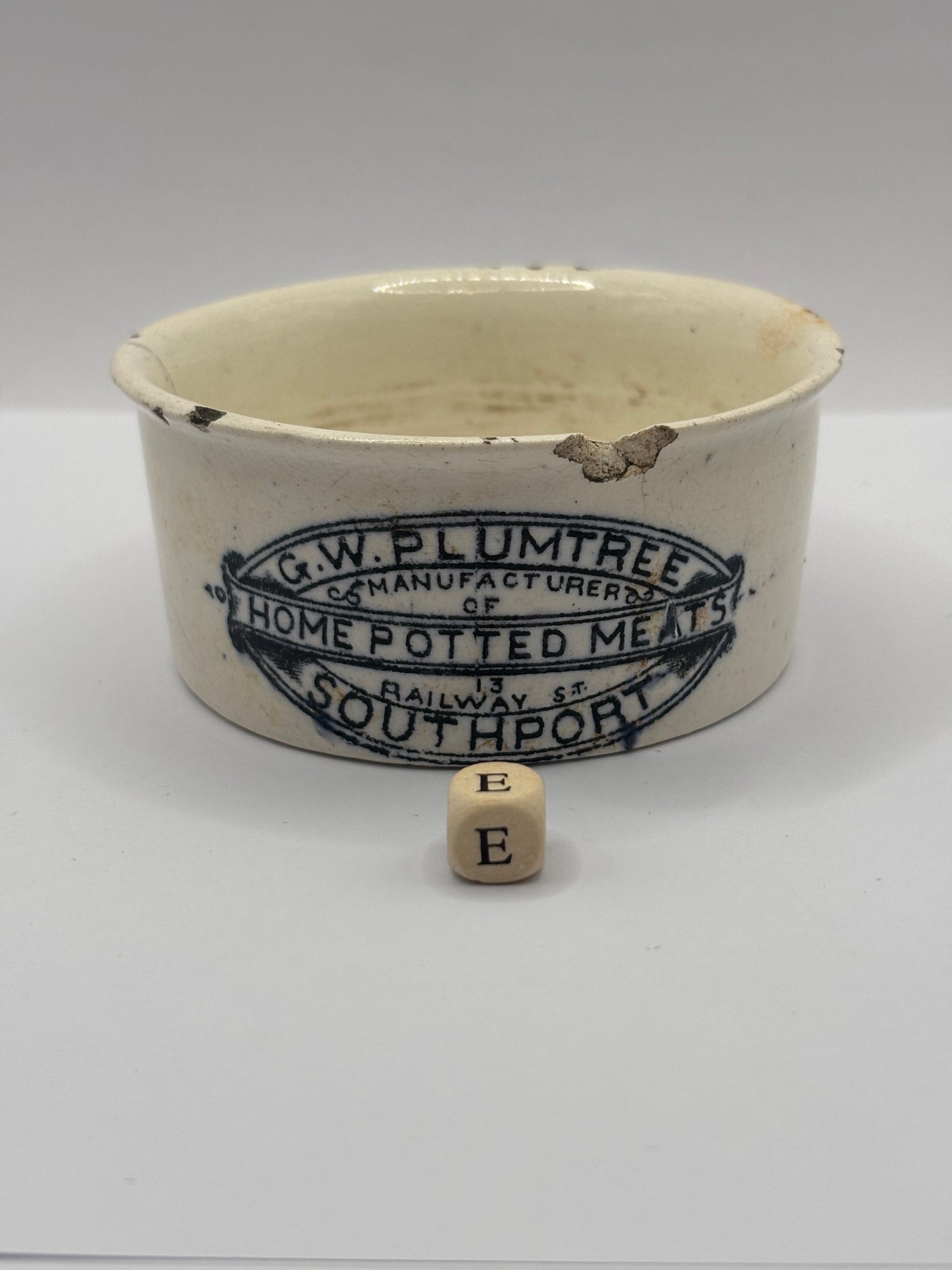 Old advertising meat paste pot, plumtrees (E) damaged