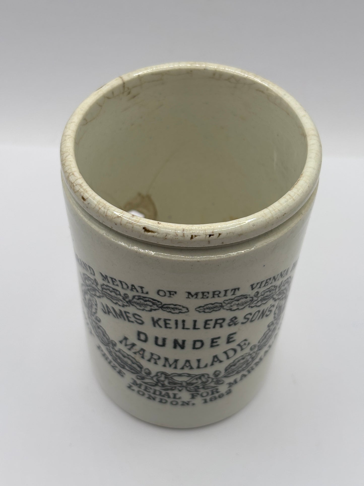Old 1lb James Keiller Dundee marmalade jar. Damaged (e)