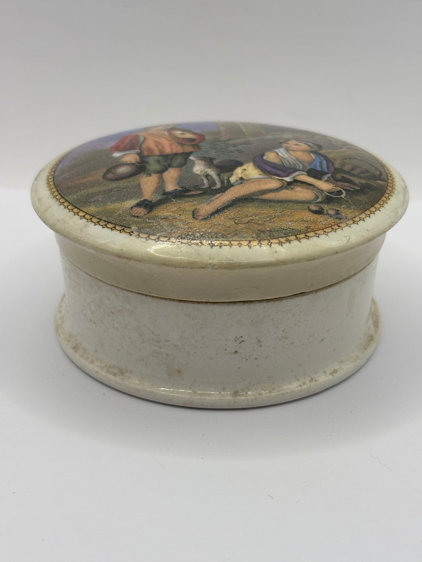 Rarer Old Prattware lid, Peasant boys, lid and base