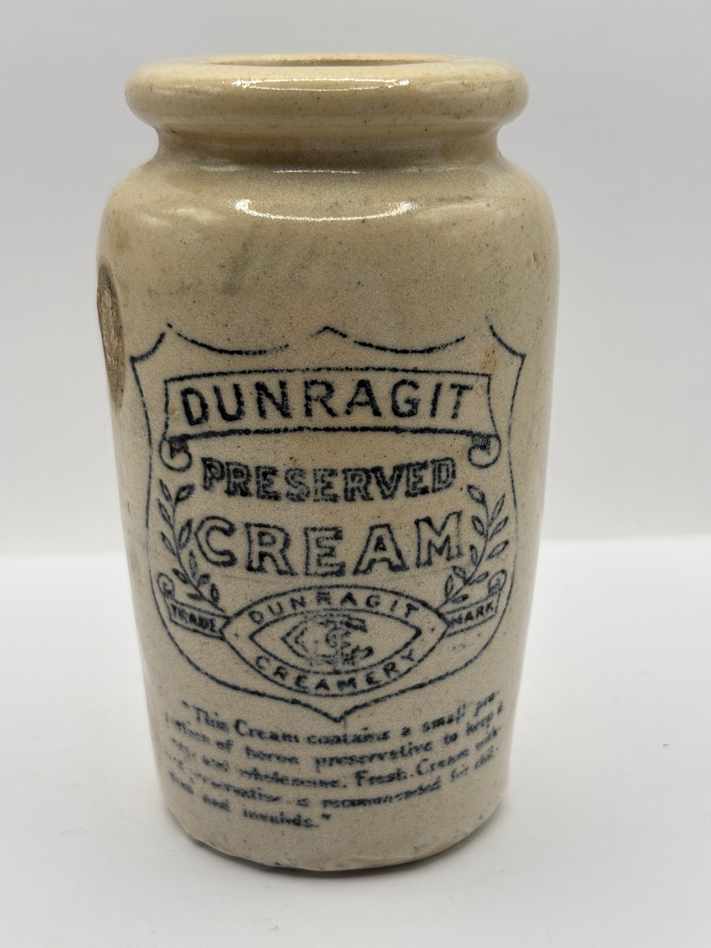 Old advertising cream pot, Dunragit preserved cream