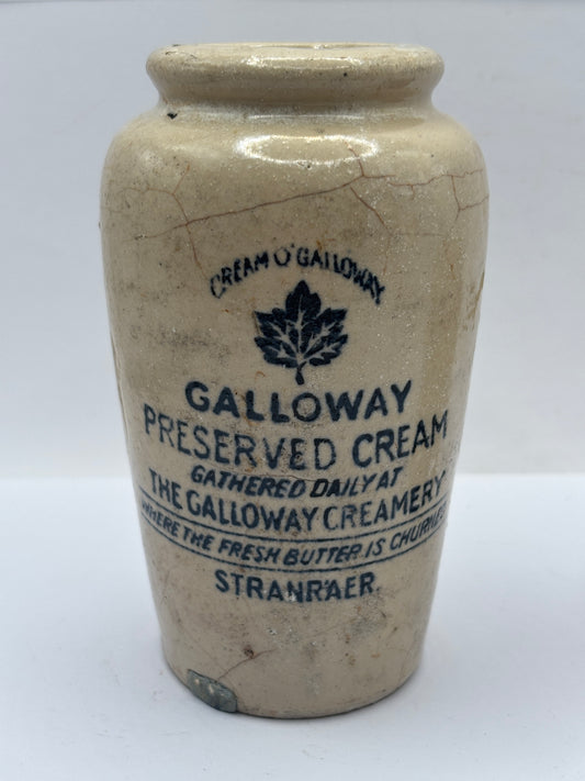 Old advertising cream pot, Galloway creamery Stranraer. Filled in chip