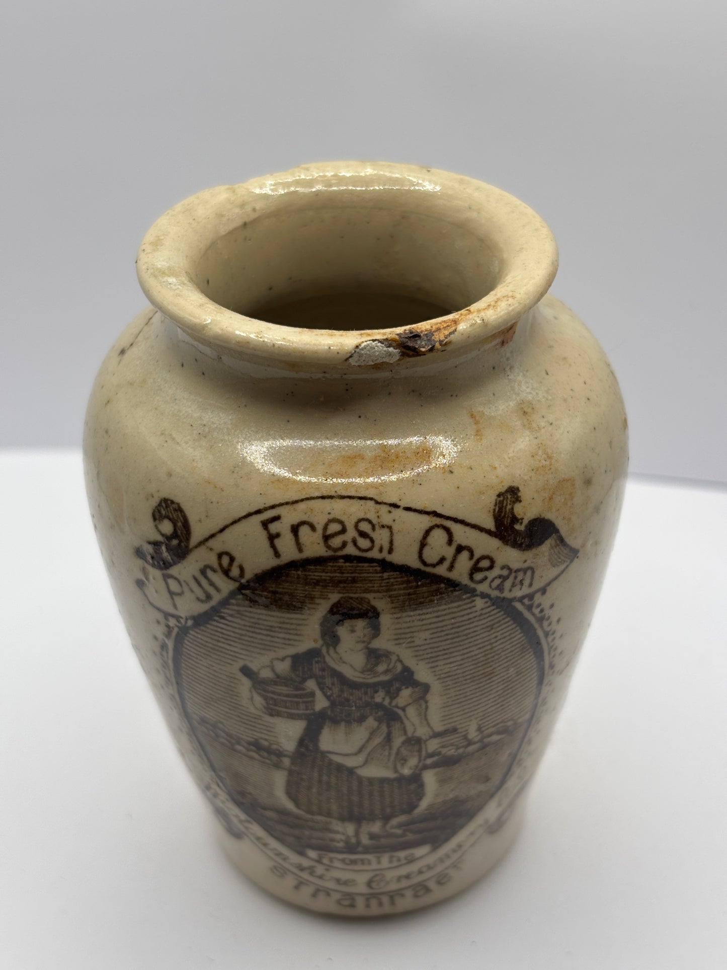 Old Stranraer rich preserved cream pot, milk maid. Serpia print, damaged