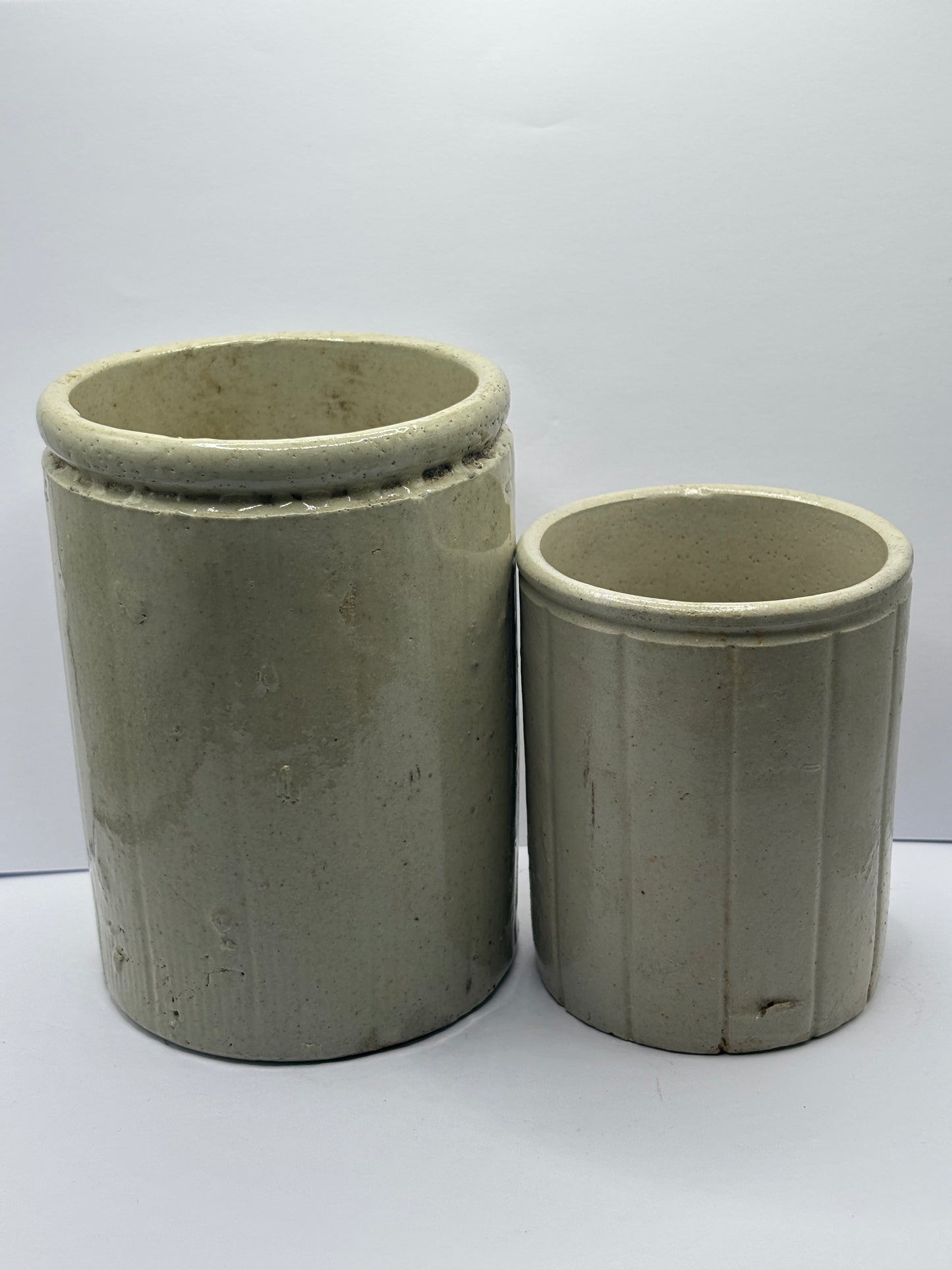 2 old ribbed stoneware jam & marmalade pots
