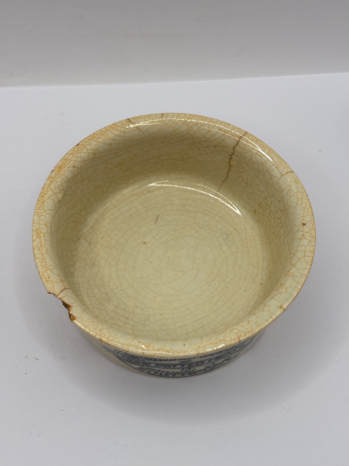 Old advertising meat paste pot, Plumtree home potted meats. Damaged