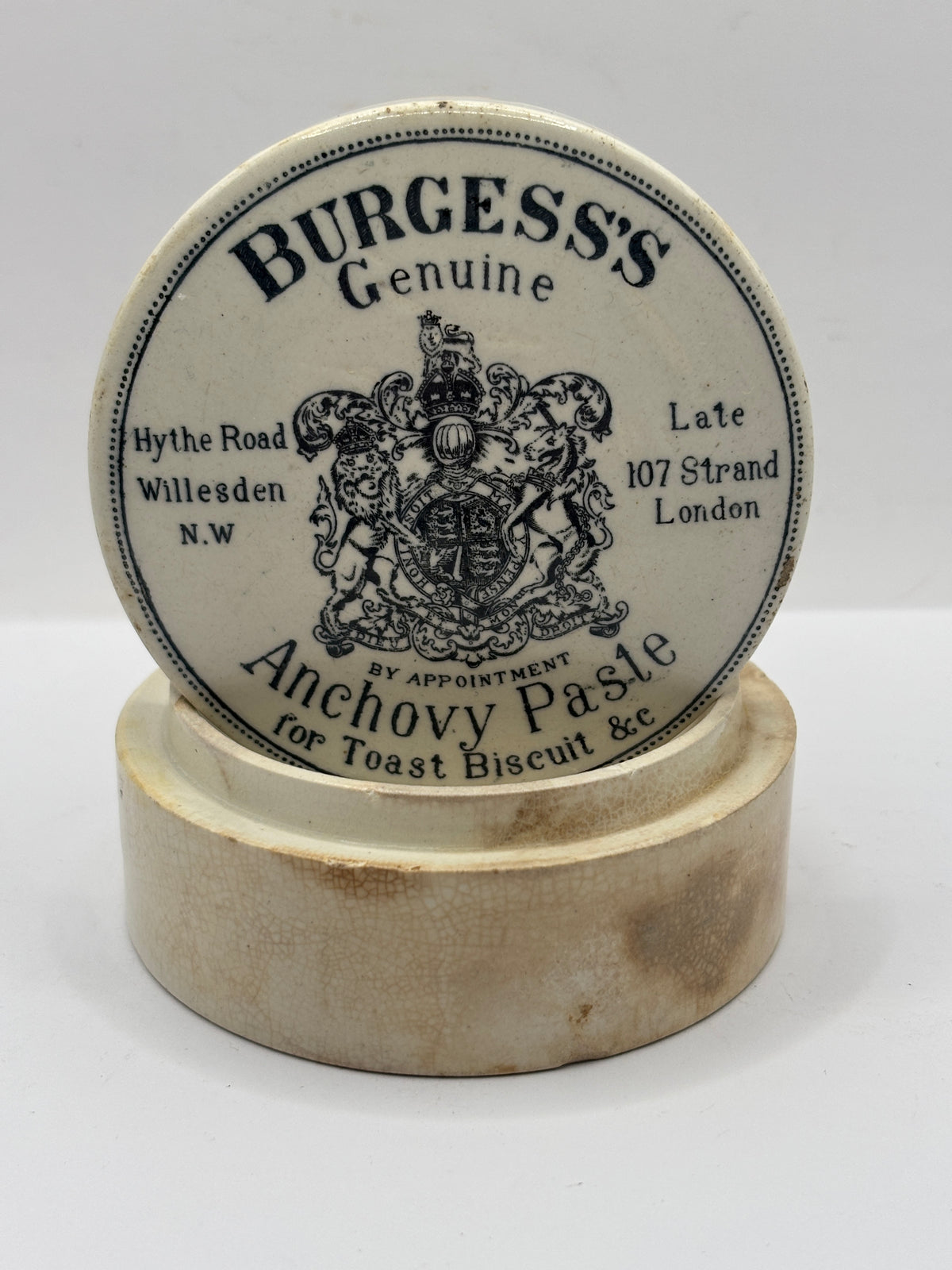 Old advertising lid and base, Burgess Anchovy paste