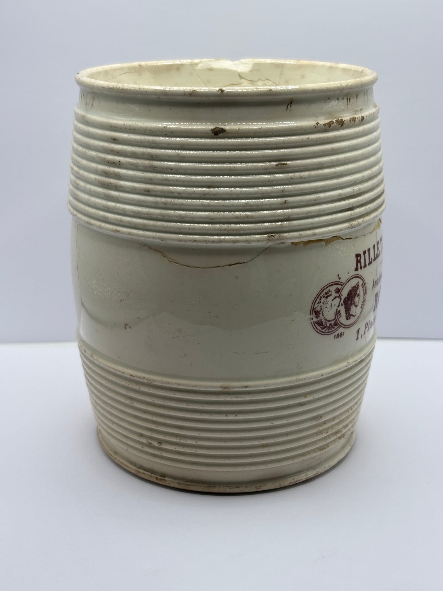 Old french stoneware advertising jar, Rillettes de tours. Damaged