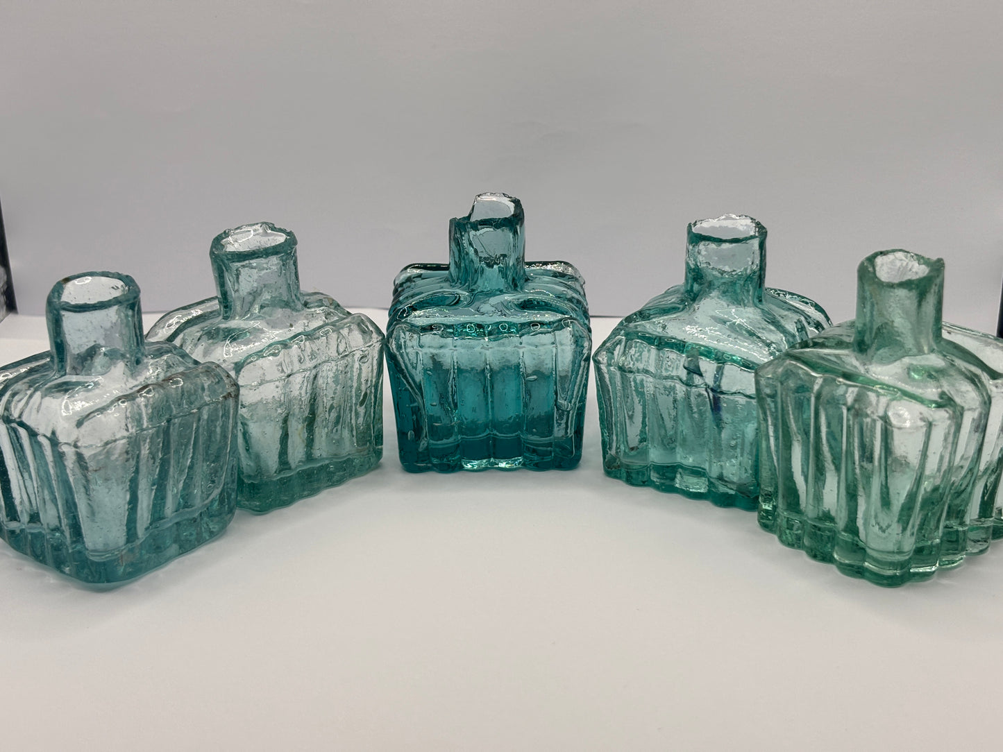5 old aqua glass ribbed inkwells, ink bottles