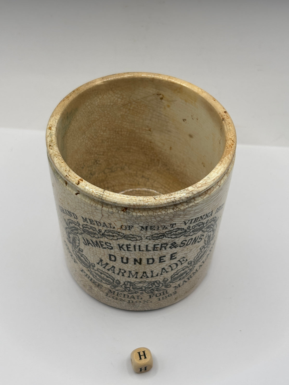 Old 1lb stoneware marmalade pot, James Keiller Dundee marmalade (H)