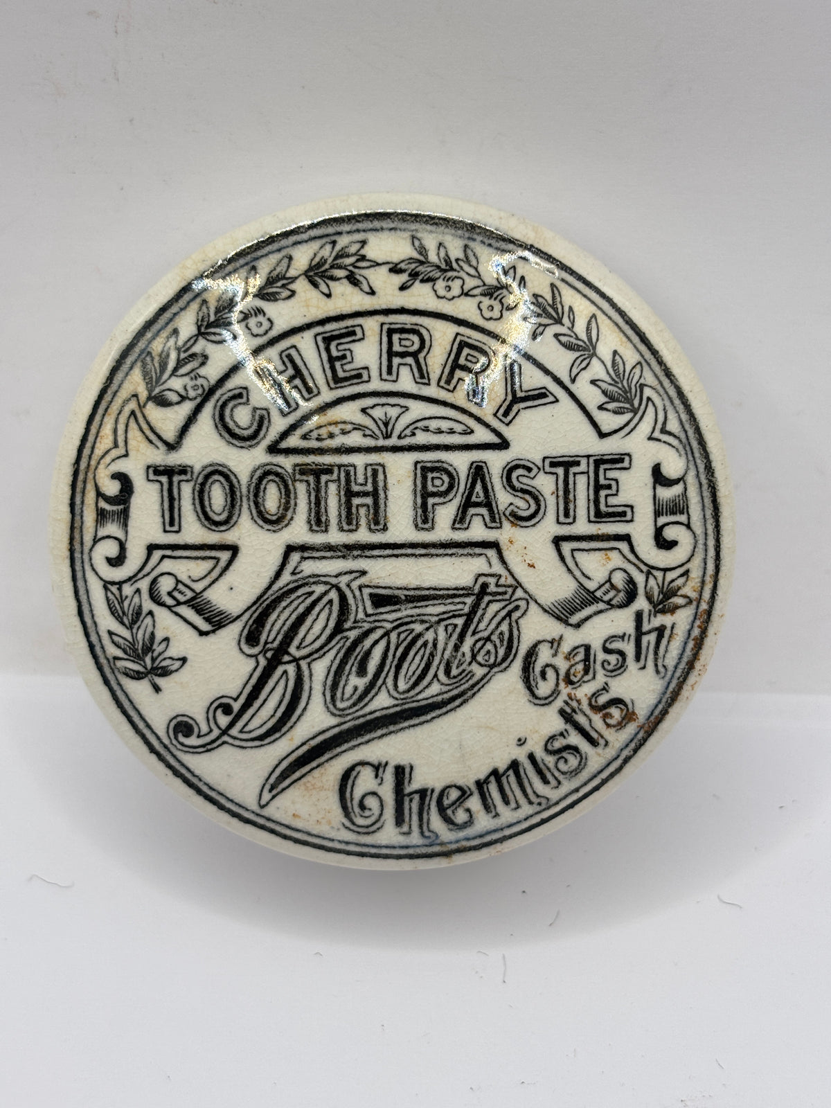 Old advertising lid and base. Boots cash chemists Cherry tooth paste 🍒