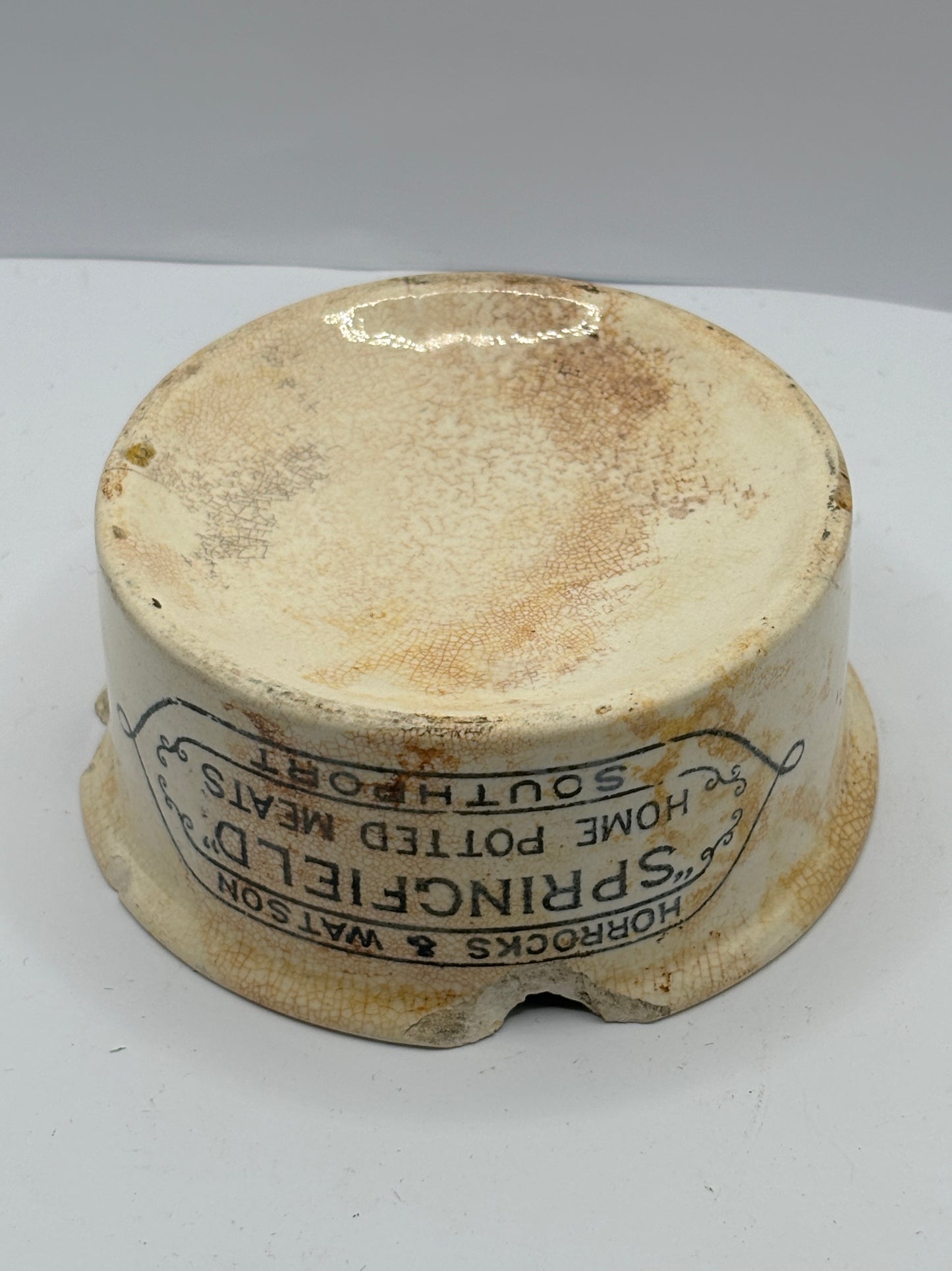 Springfield potted meats advertising pot. Damaged