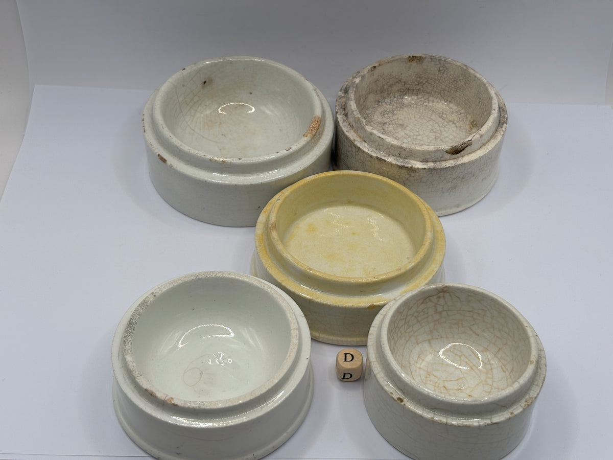 5 old stoneware pot lid bases, stackers (D)