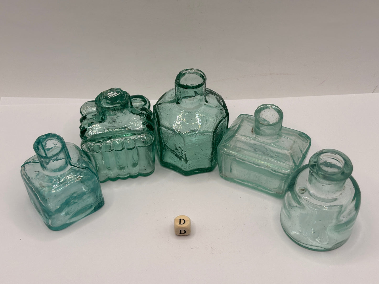 5 old aqua glass inks, inkwells, ink bottles, penny ink (D)