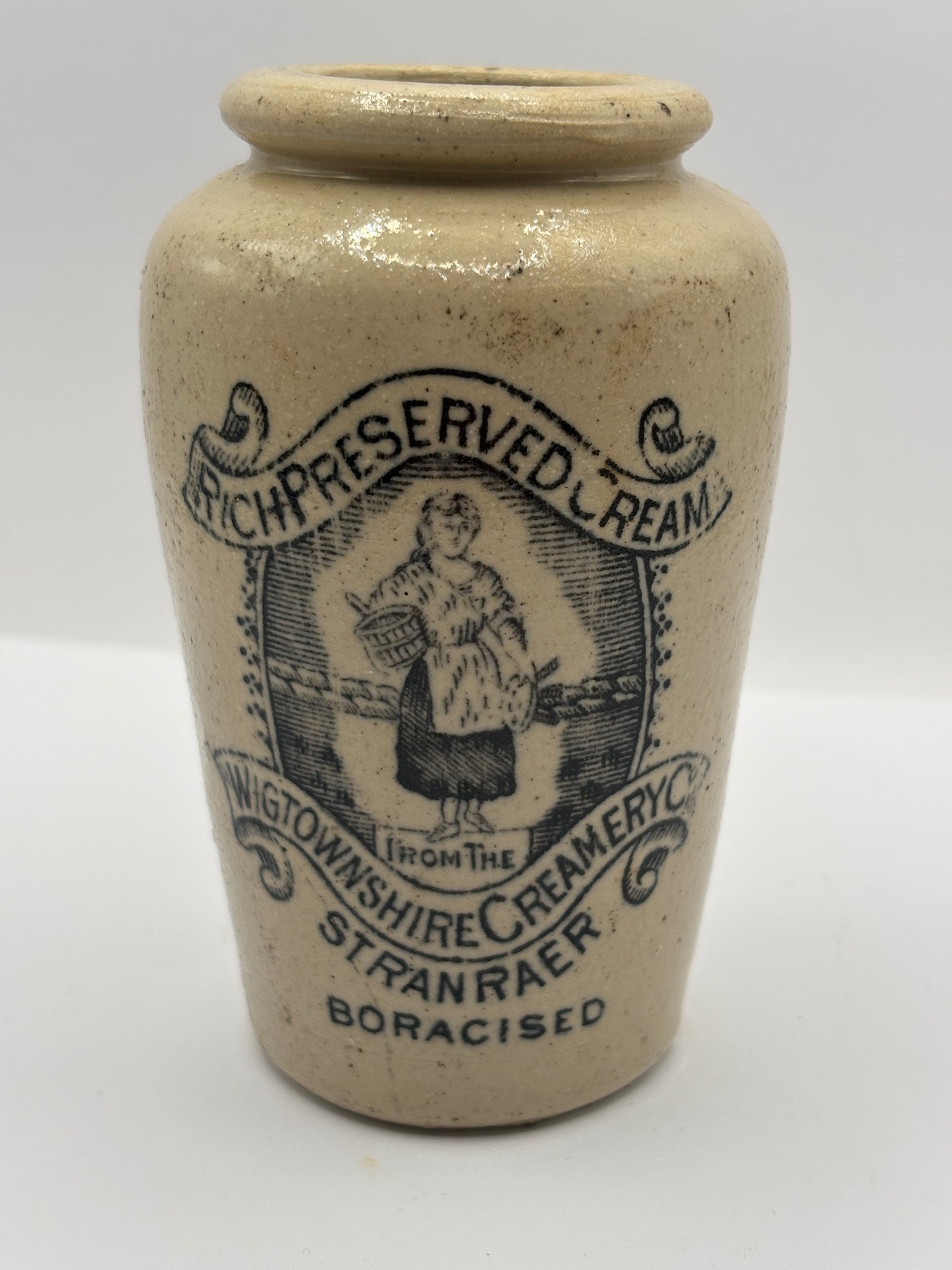 Old advertising cream pot, Rich preserved cream, Stranraer. Milk maid.
