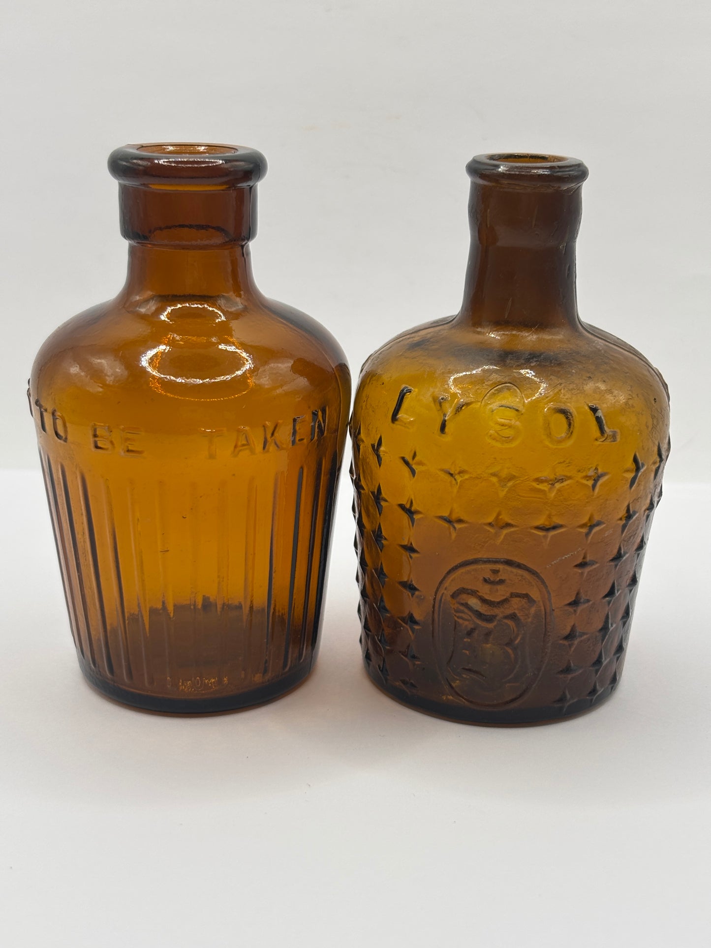 2 Old amber glass lysol bottles, Not to be taken