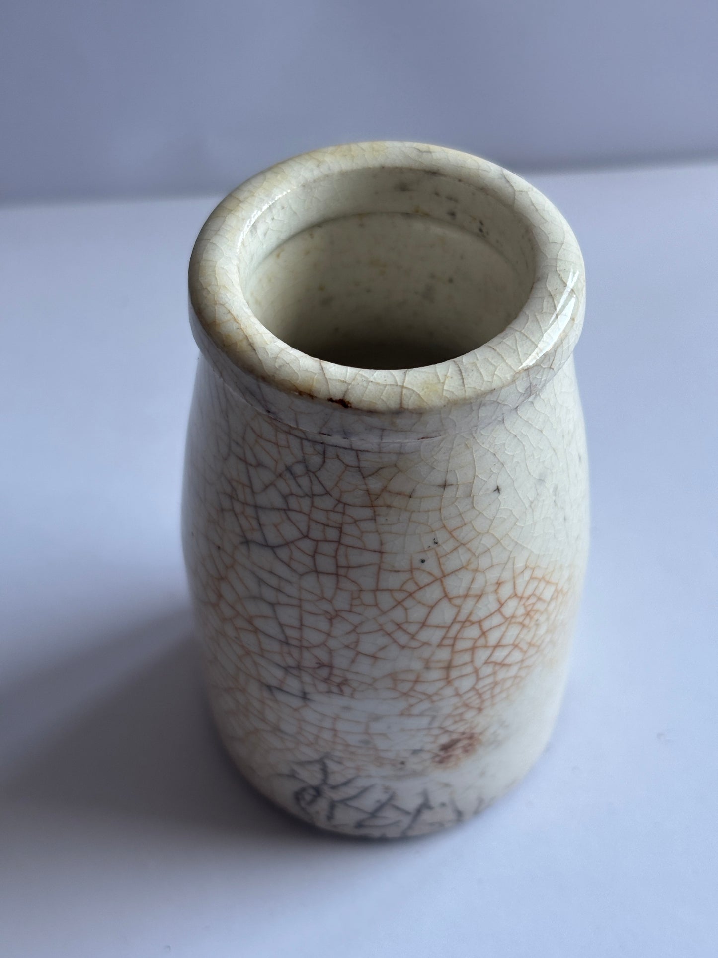 Old white stoneware jar, creamer, churn, stained & crazed